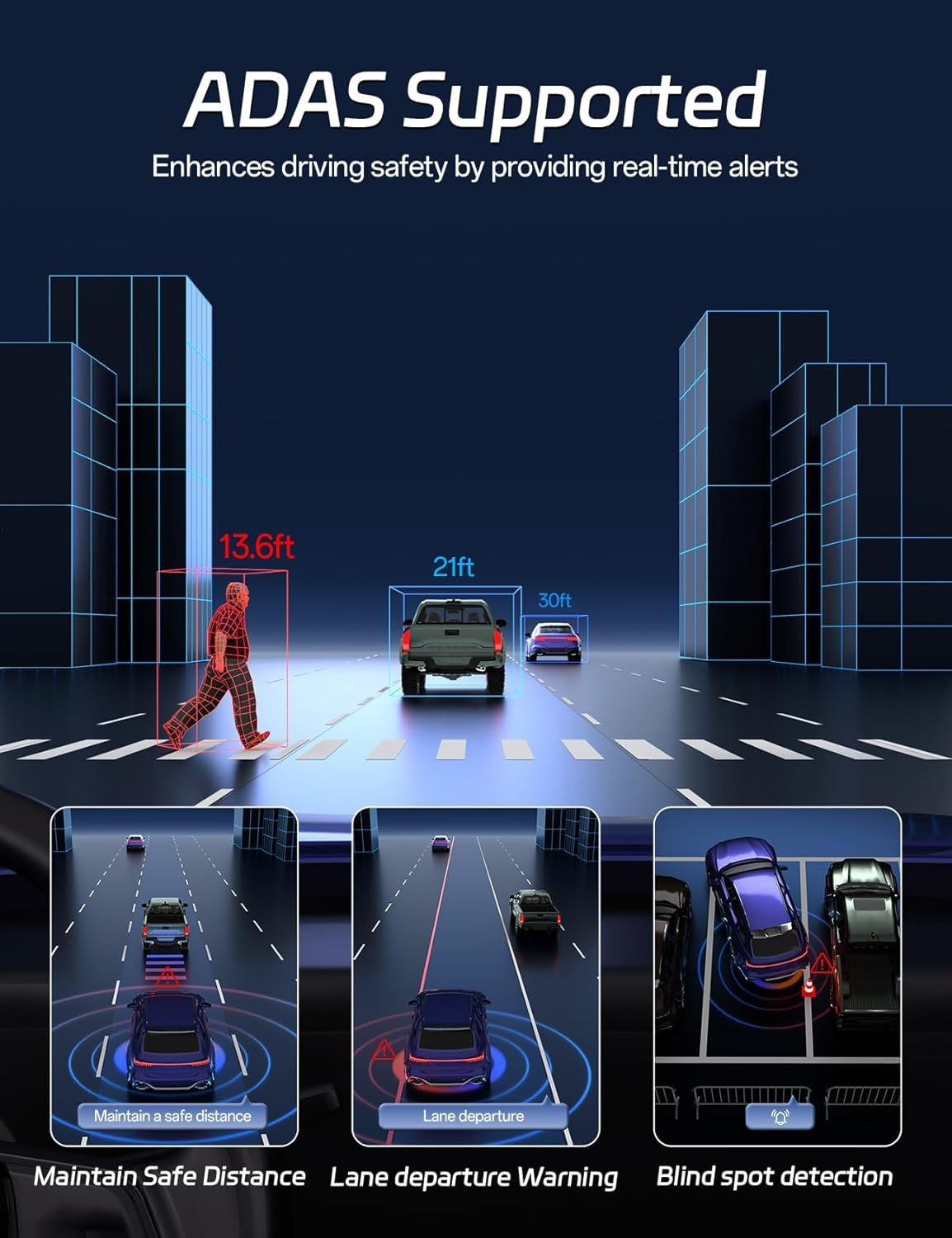 Pelsee P12 plus 4K Rear View Mirror Camera with ADAS and BSD, 5.8Ghz Wifi Mirror Dash Cam Front and Rear, Backup Camera for Car, GPS, 64GB Card Included, WDR Night Vision, Voice Control, 12" Display image number 2