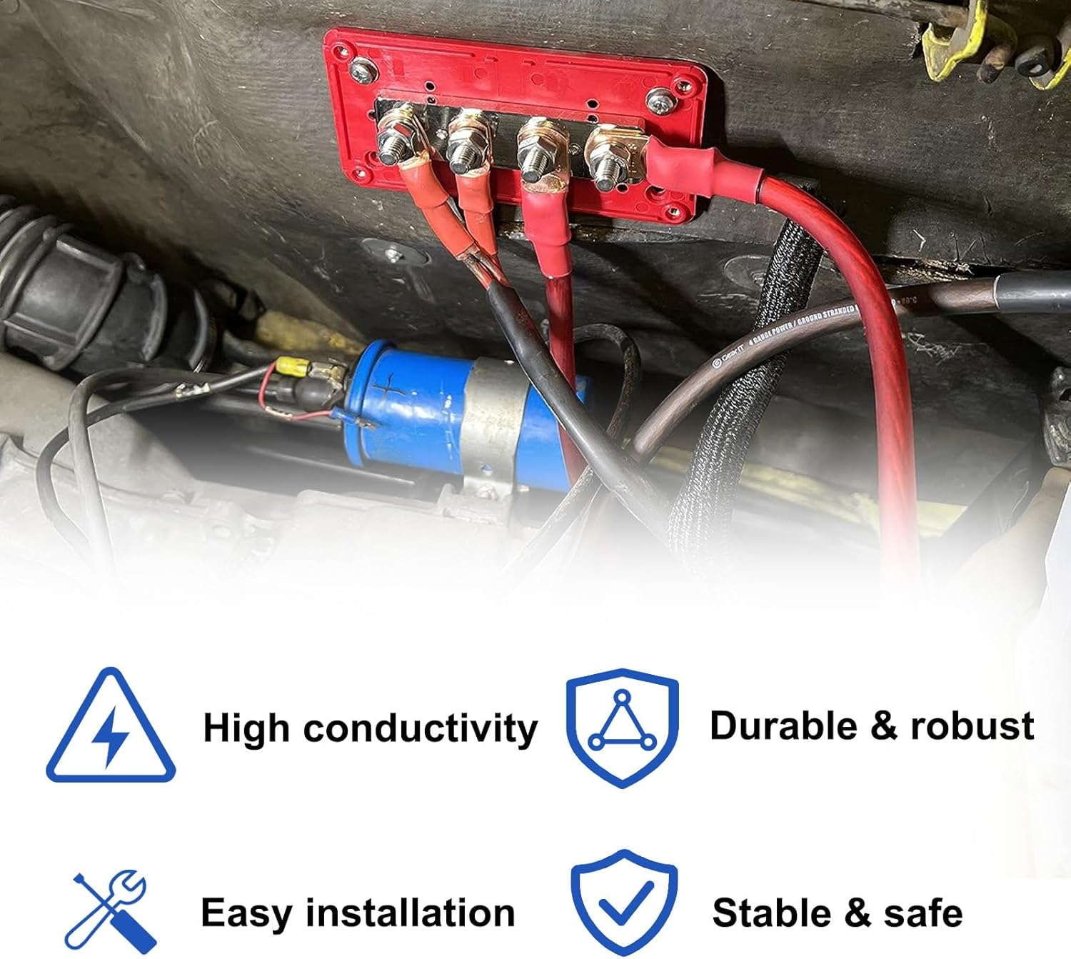 Heavy Duty Bus Bar 300A 12V Power Distribution Block with 5/16" (M8) 4-Posts Terminals Block with Cover for Automotive, Marine, Battery System(Red) image number 7