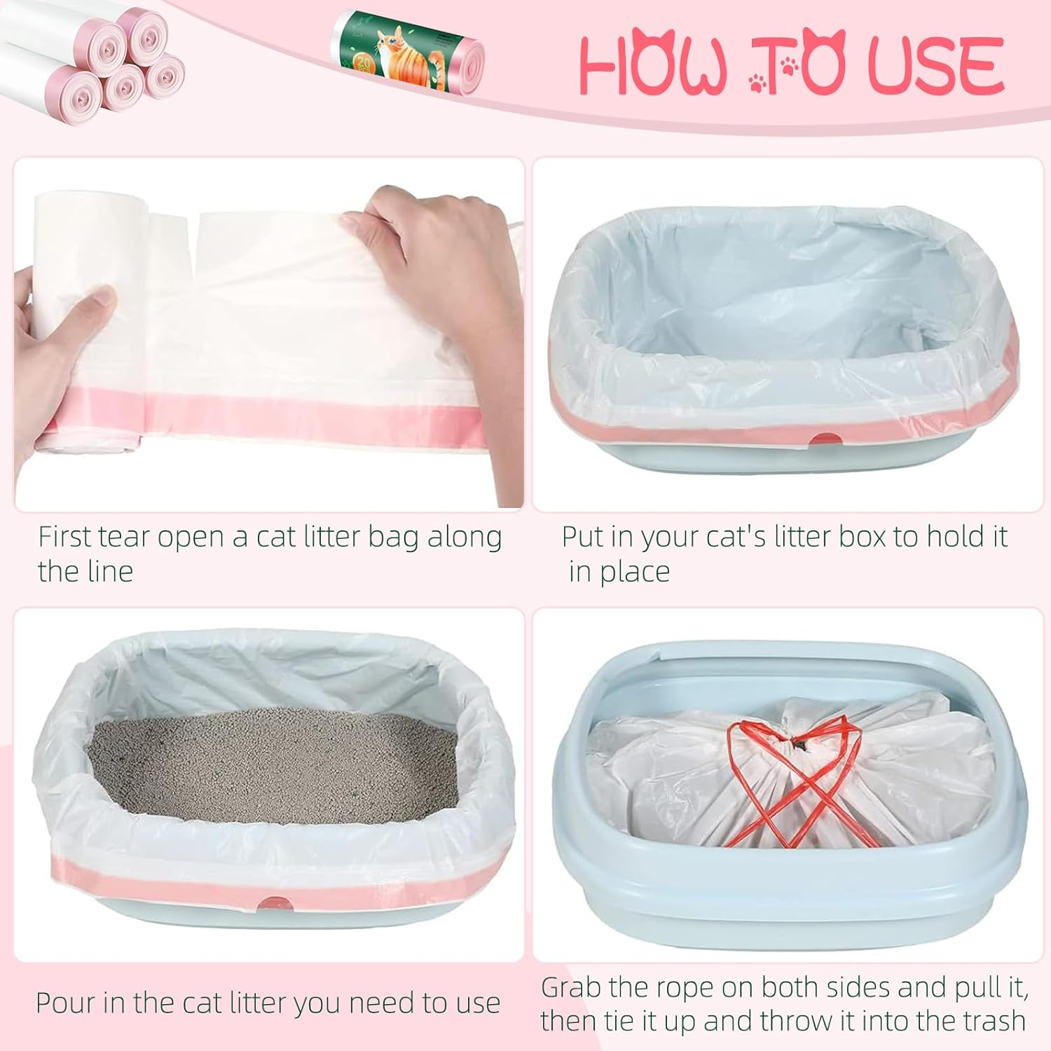 Cat Litter Box Liners, 120 Pack Kitty Bags, 21.6"X11.8" Unscented Drawstring Thick Disposable Litter Box Bags, Leak Proof for Litter Box image number 4