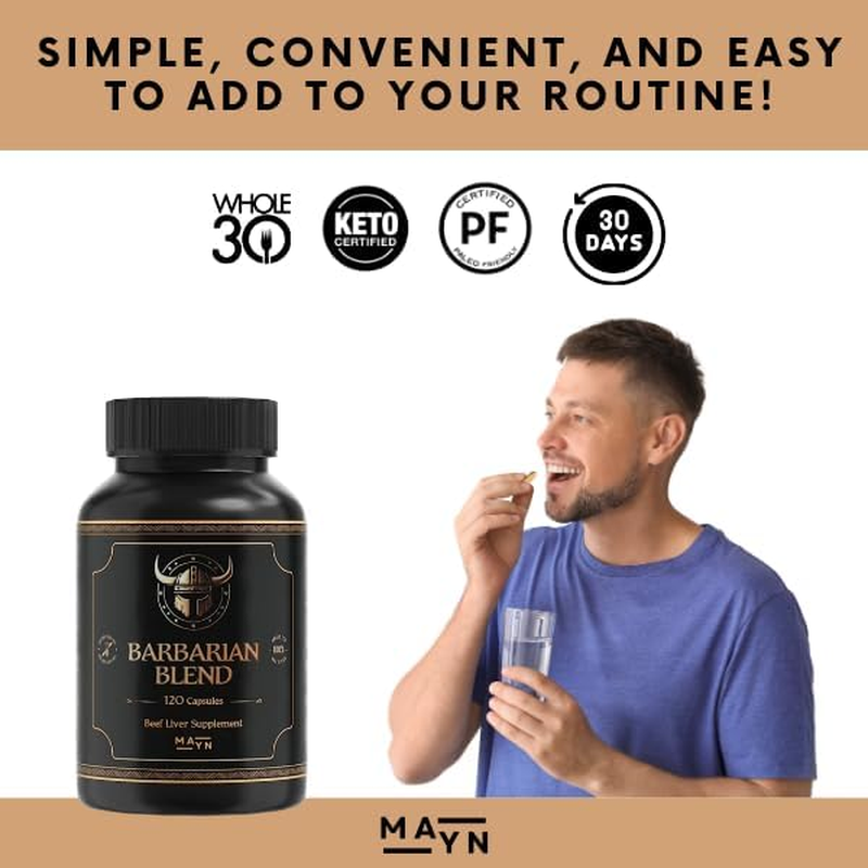 MAYN Barbarian Blend Grass-Fed Beef Liver Supplement Capsules &ndash; 100% Organic Desiccated Blend with Natural Iron, Vitamin B12 & a &ndash; Boosts Heart Health, Energy & Immunity &ndash; Non-Gmo, Gluten-Free, Freeze-Dried &ndash; 120 Capsules image number 1