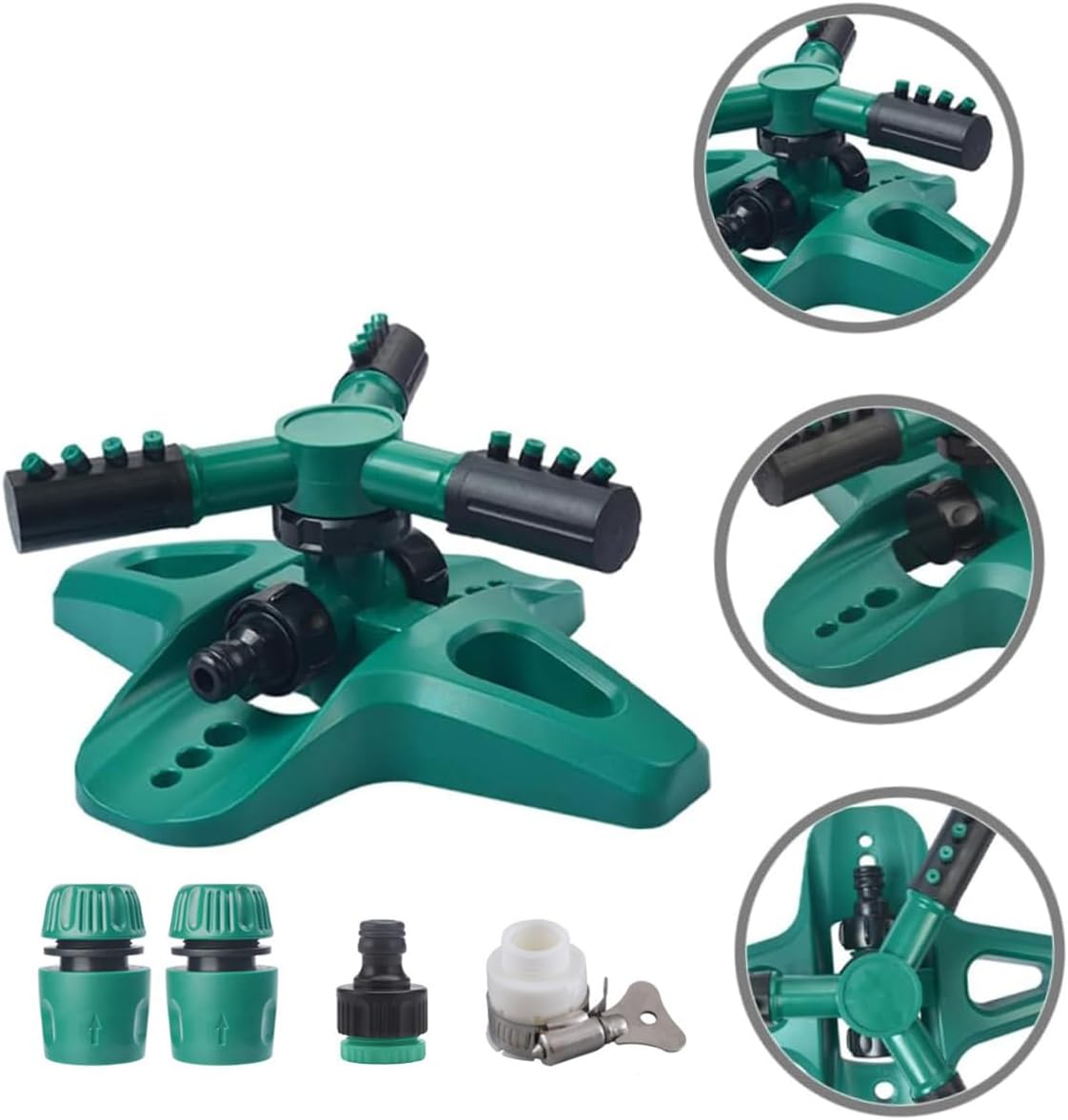 AIMALL 360 Degree Rotating Garden Sprinkler with 3-Arm Nozzle Adjustable Angle Water Cooling Lawn Irrigation System Includes 4-Way Hose Connectors 9.83X8.19X3.93In image number 1