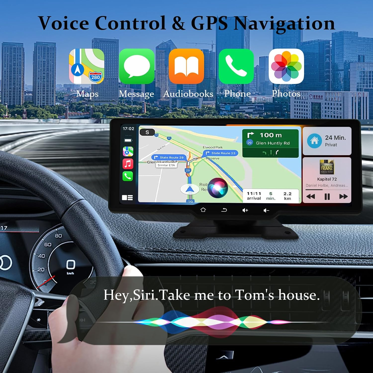 Oolong Wireless Apple Carplay & Android Auto,10.26" Portable Carplay IPS Touch Screen with 1080P Rear View Camera, Airplay/Mirror Link, Voice Control,Gps,Fm/Aux/Bluetooth,Suitable for All Vehicles image number 4