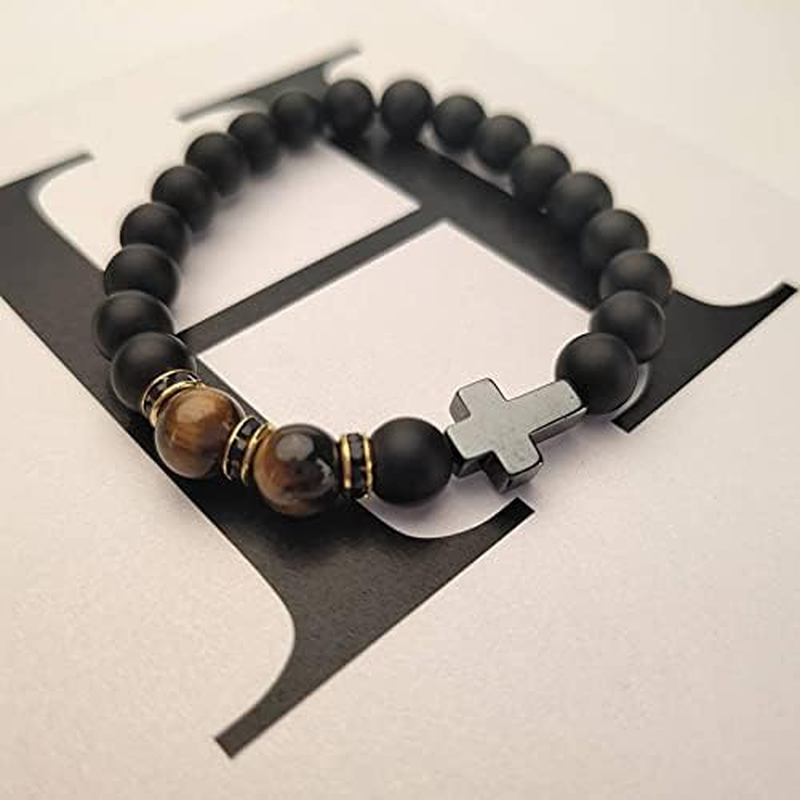 Cross Bracelet for Men Tiger Eye Catholic Rosary Bracelet for Men Boys Adjustable Natural Crystal Stone Bead anti Anxiety Stretch Bracelet image number 1