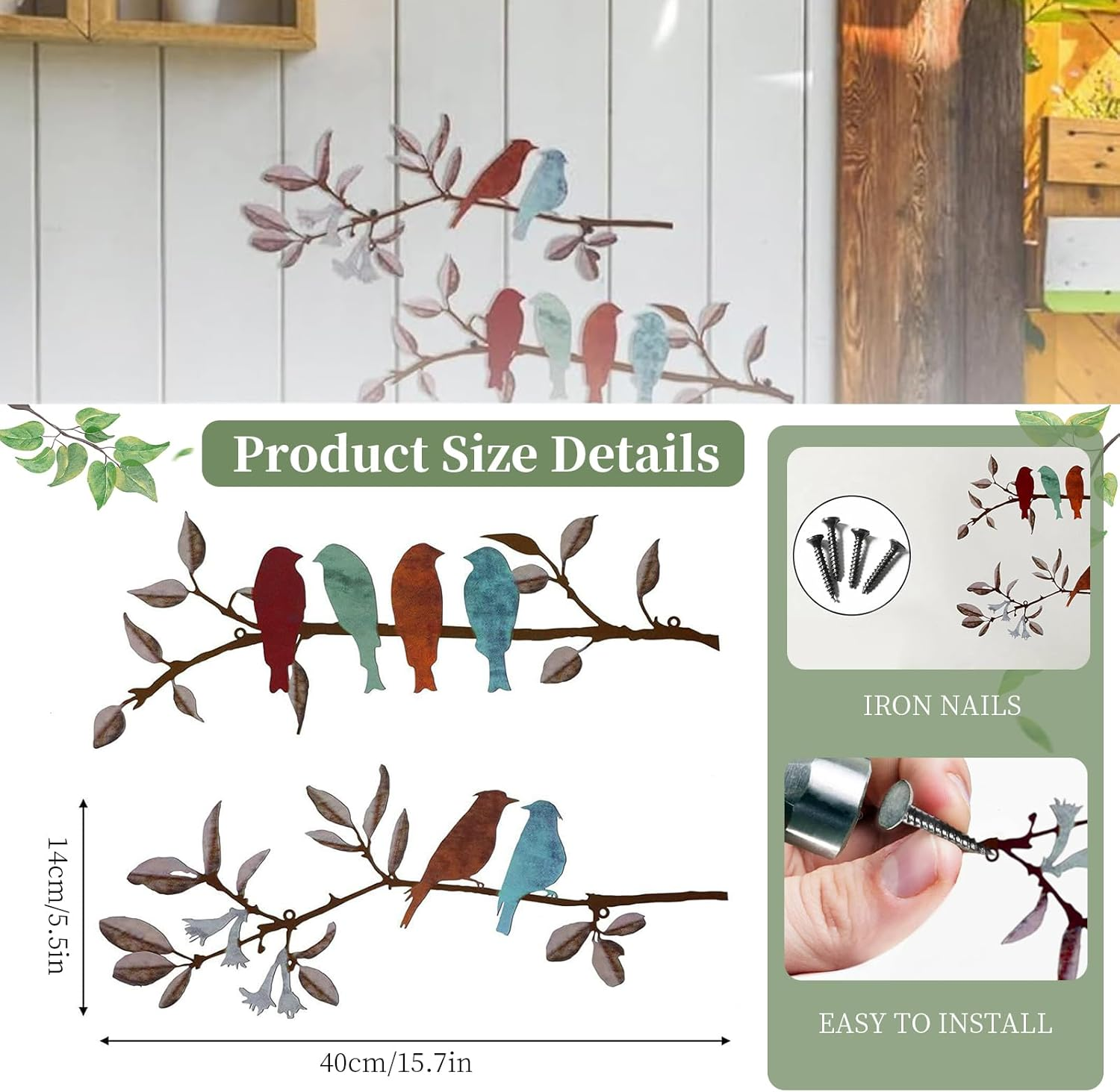 2 Pcs Metal Birds Hanging Bird Picture Wall Decor, Vivid Birds on Branch Art, Metal Silhouette Sculpture, Colorful Leaves Rustic Decor, for Balcony Garden, Indoor & Outdoor (Black) - Black image number 6