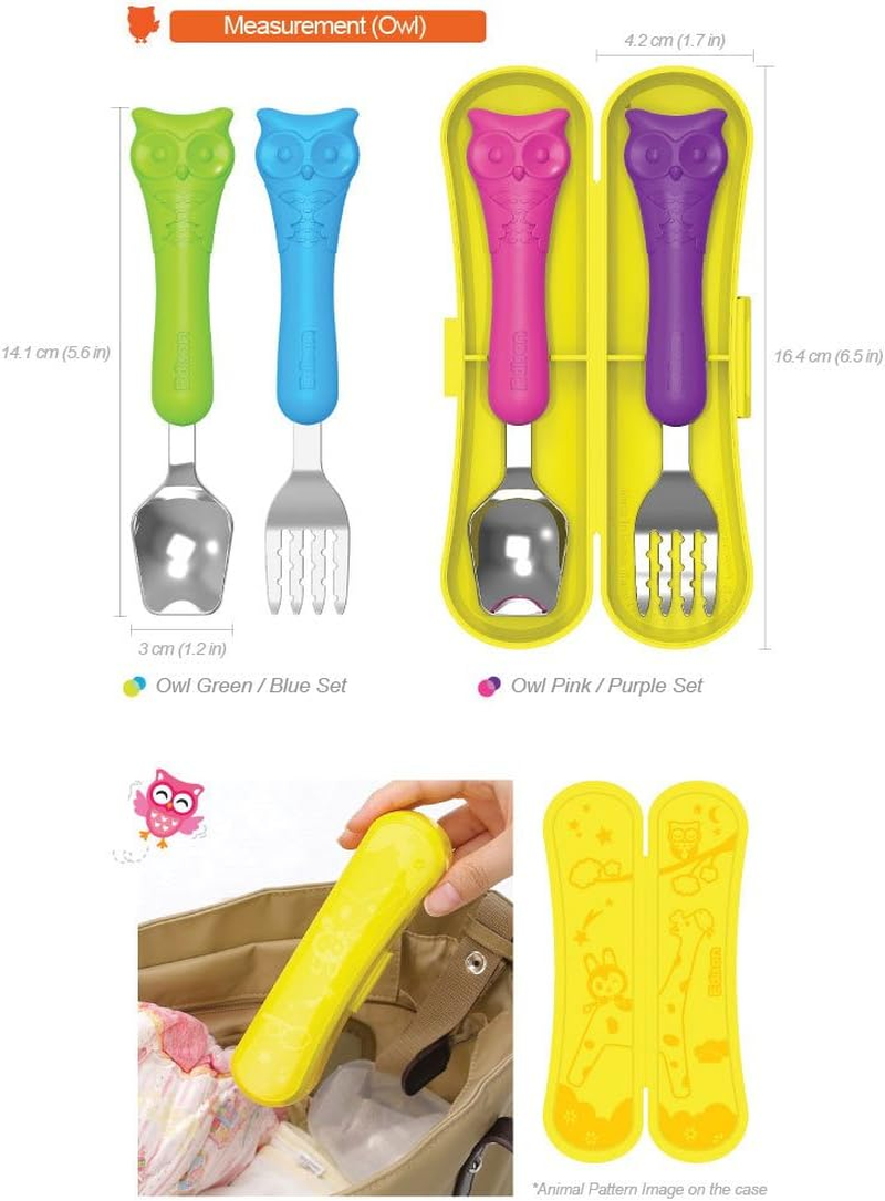 Edison Baby Flat Edge Spoon & Grooved Fork Set with Case (Baby, Owl Green/Blue Set) image number 3