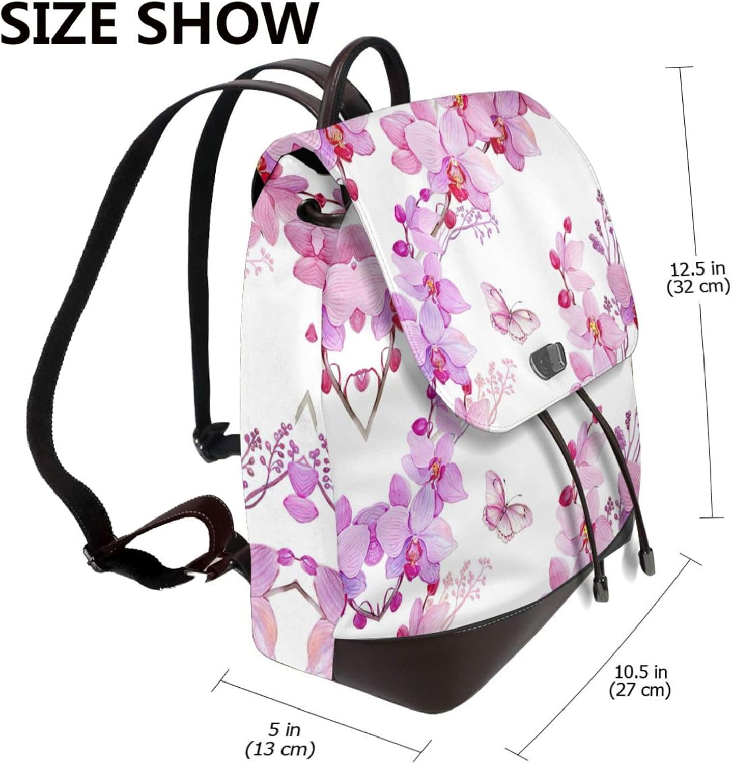 Edwal Pink Flowers and Butterfly Print Leather Backpack Laptop Bag for Women Fashion Multipurpose Daypack for College Work Travel, Black, One Size image number 2