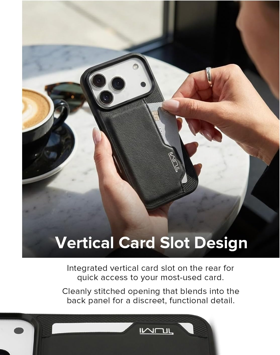 TUMI Iphone 17 PRO Case, Genuine Leather Hard Case with Vertical Card Slots, Perforated Design, Premium Leather, Business Card Holder, Black image number 4