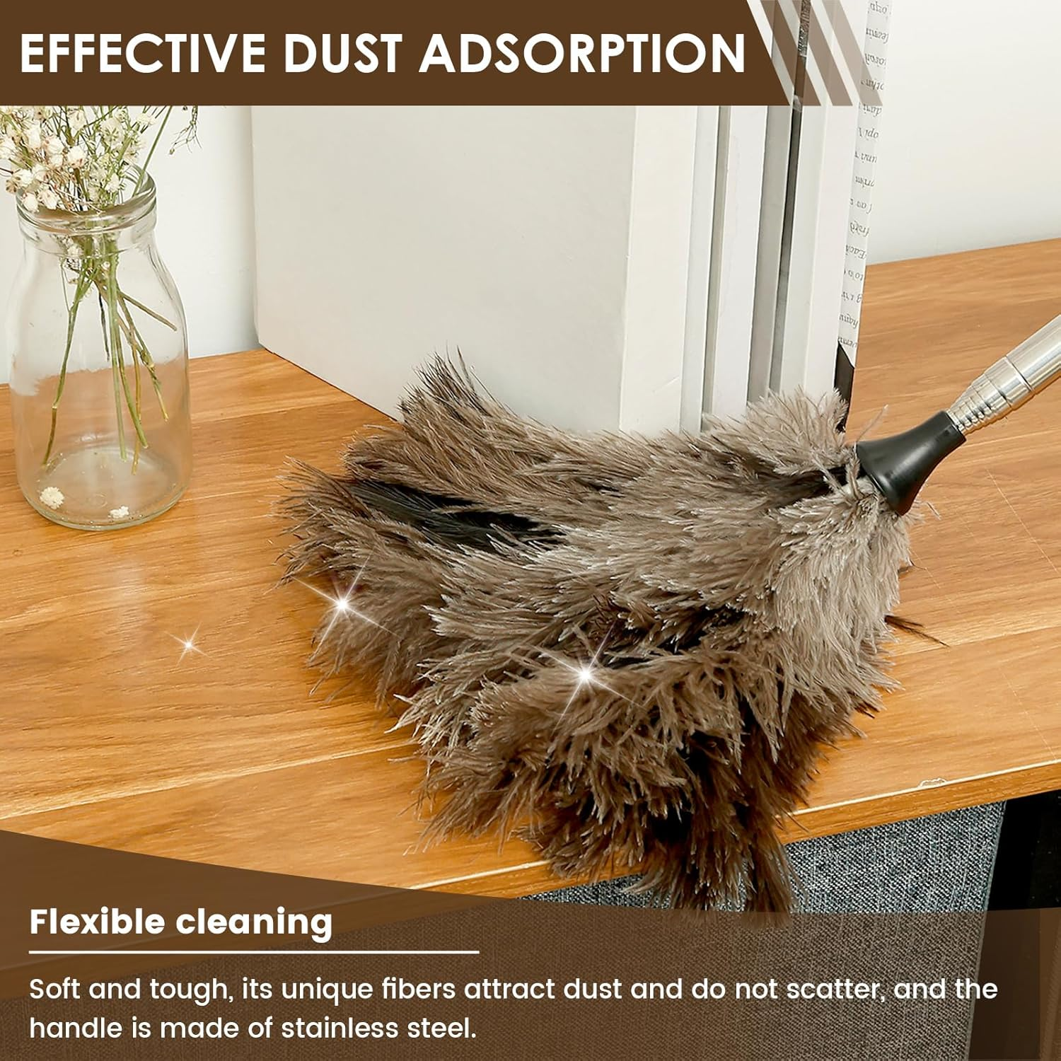 Fizocosisto Extendable Ostrich Feather Duster with Nonslip Handle, 15" - 45" Retractable Feather Duster for Cleaning Ceiling Fan Pendant Lamp High Ceiling Blinds Furniture image number 2