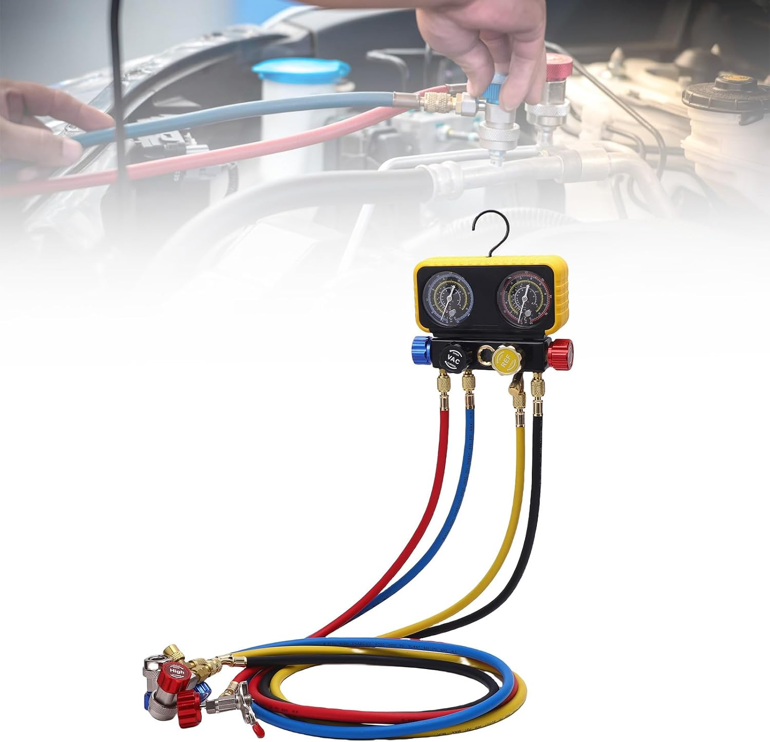 4 Way Heavy Duty Brass Manifold Gauges Set, HVAC Gauges with Hoses 4 Way Heavy Duty Brass Manifold Set Replacement for R410A R32 R134A R22 Refrigerants image number 3