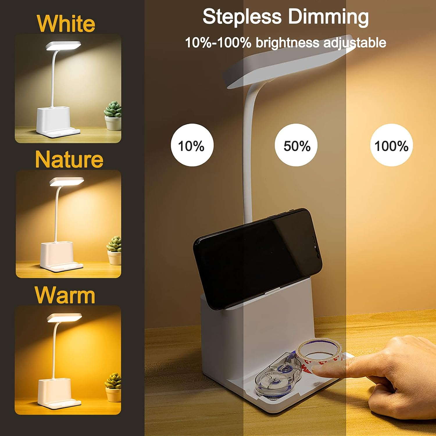 Youker Desk Lamp 3 Colors LED Table Light with Pen Holder Stepless Dimming Study Lamp with Flexible Gooseneck Eye-Caring Bedside USB Rechargeable Desk Lamp for Home Office image number 2