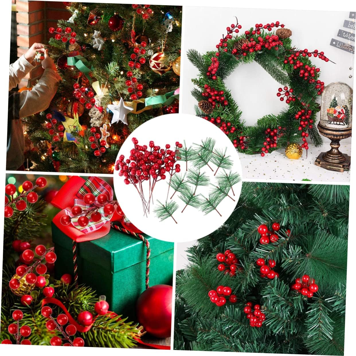 20Pcs Artificial Berry and Pine Needle Branches for Christmas Decorations Lifelike Holiday Wreath and Craft Supplies Green and Needles Berries