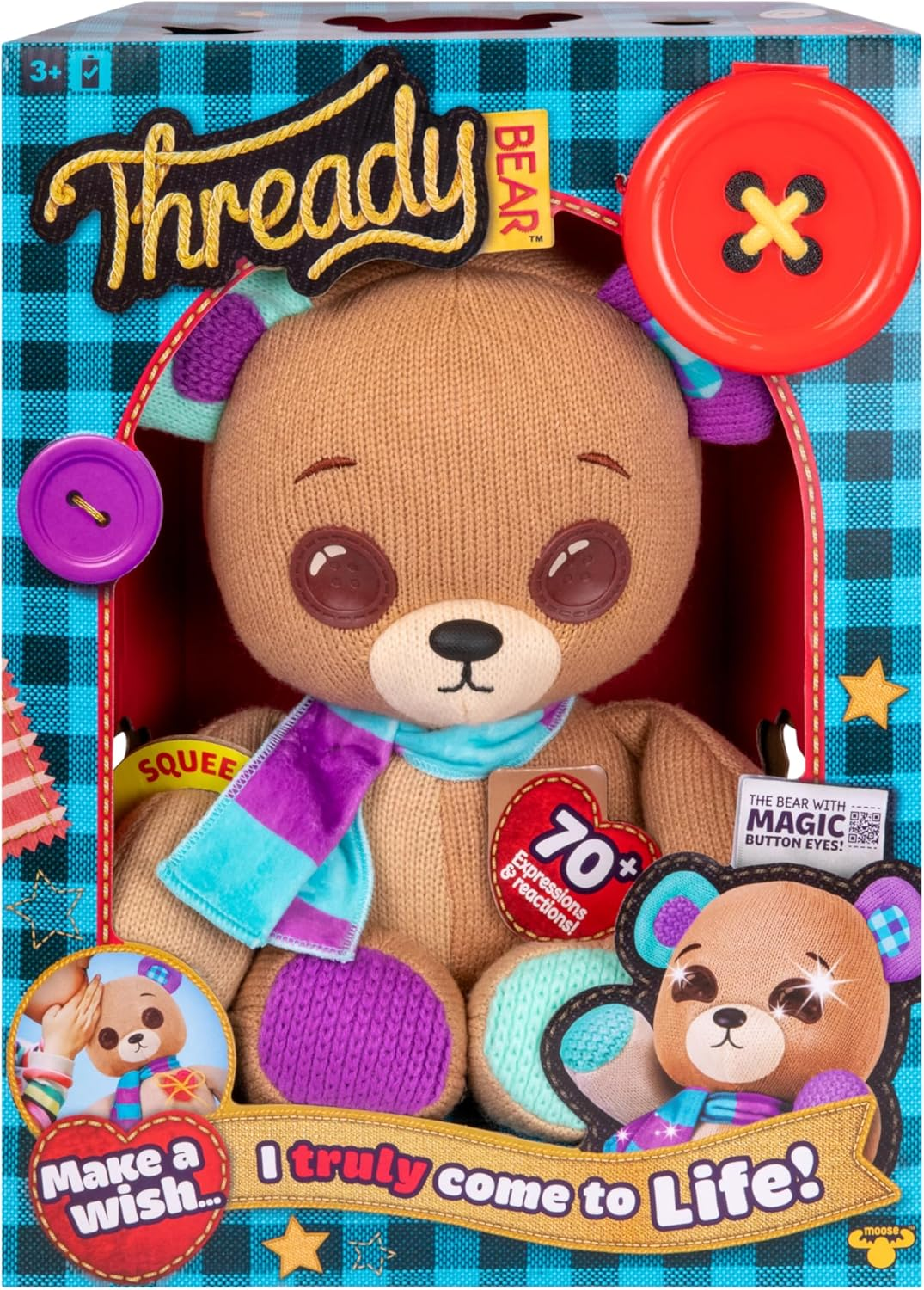 Thready Bear - Interactive 14" Plush Teddy Bear. Make a Wish & Bear Comes to Life. Magical Expressive Button Eyes - Happy, Sad, Winks & Blinks. 70+ Expressions & Reactions. Batteries Included. Ages 3+ image number 1