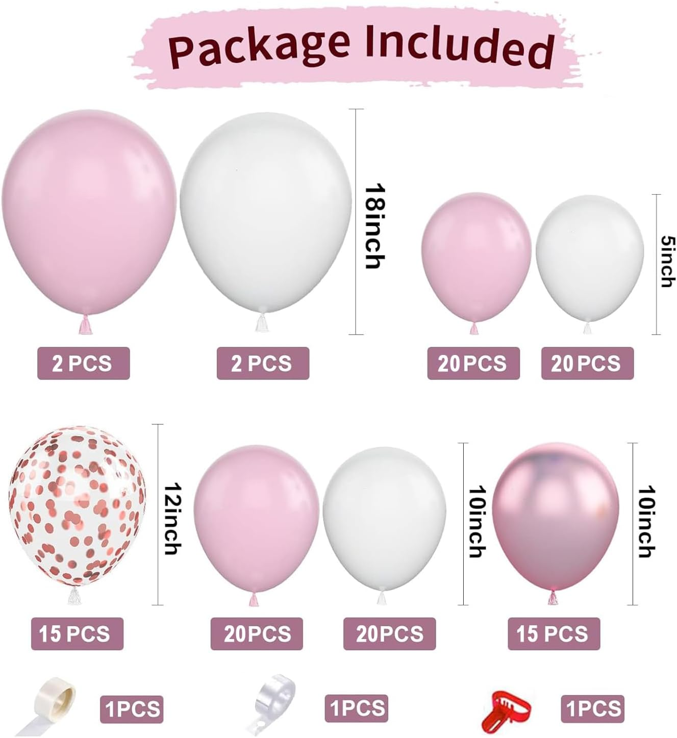 Pink White Balloon Arch Kit, 117Pcs Balloon Garland Kit Pink Confetti Metallic Balloons for Birthday Baby Shower Wedding Bridal Engagement Anniversary Graduation Valentines Party Decorations