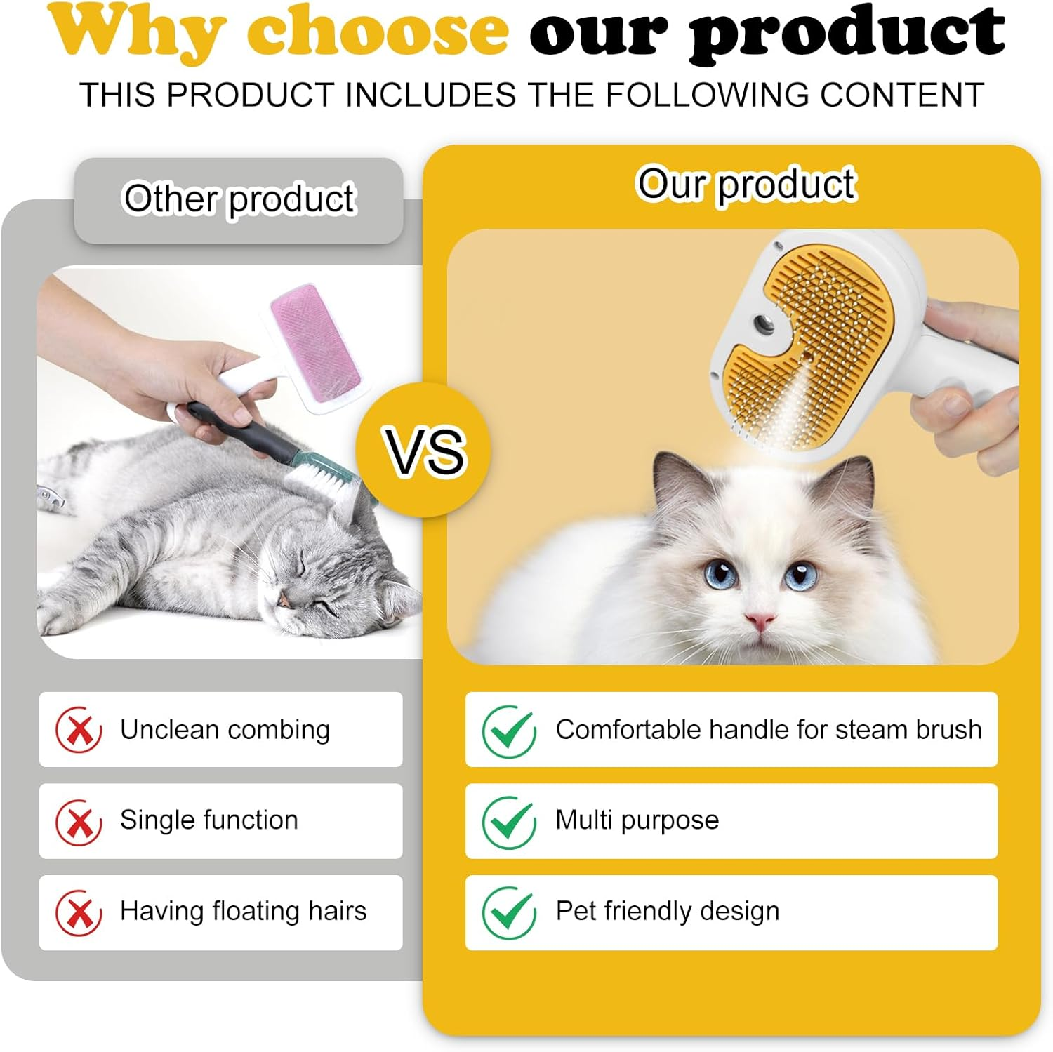 Steamy Cat Brush, 3-In-1 Steam Brush for Cats with Water Tank and Spray, Cat Brush with Steam, Cat Brush with Water, Pet Hair Removal Comb for Massage, Care, Hair Removal (White)