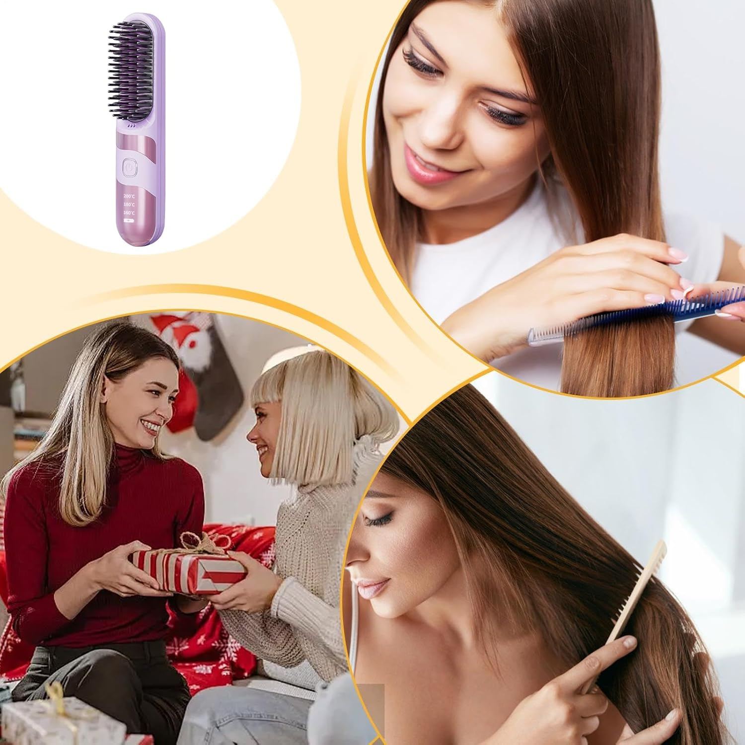 Qkbuza Travel Hair Straightener | Multifunctional Curler Brush | 2-In-1 Temperature Adjustable Quick Styling Cordless Hair Straightener Brush for Home