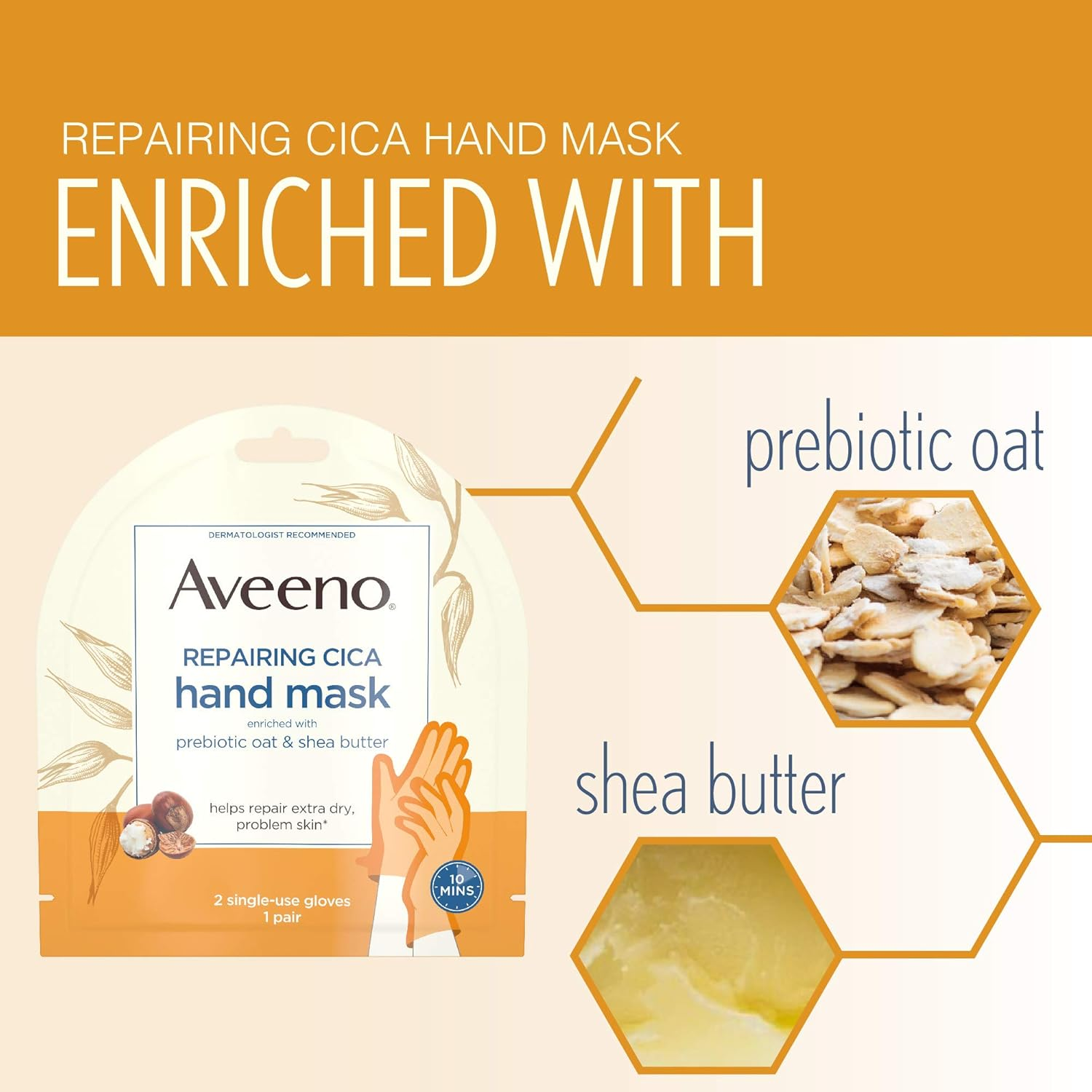 Aveeno Repairing Cica Hand Mask with Prebiotic Oat and Shea Butter, 6 Count image number 6