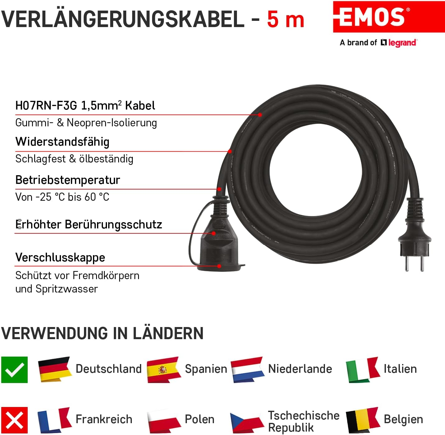 EMOS 5M Schuko Extension Cable Rubber Extension Cable for Outdoor Use IP44 H07RN-F3G 1.5Mm2 image number 2