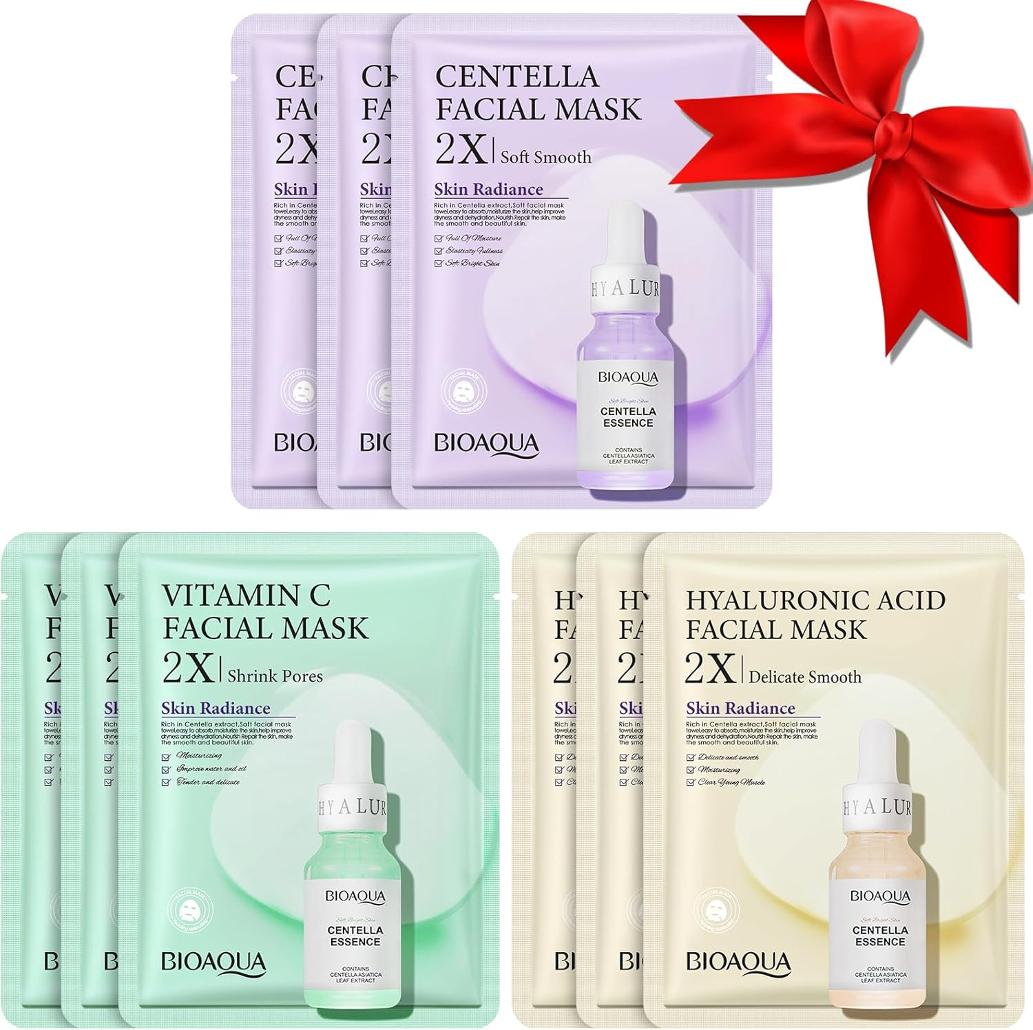 9Pcs Hydrating Sheet Masks Set - Vitamin C (3) + Hyaluronic Acid (3) + Centella (3) - Brightening, Moisturizing & Soothing Facial Mask for All Skin Types image number 3