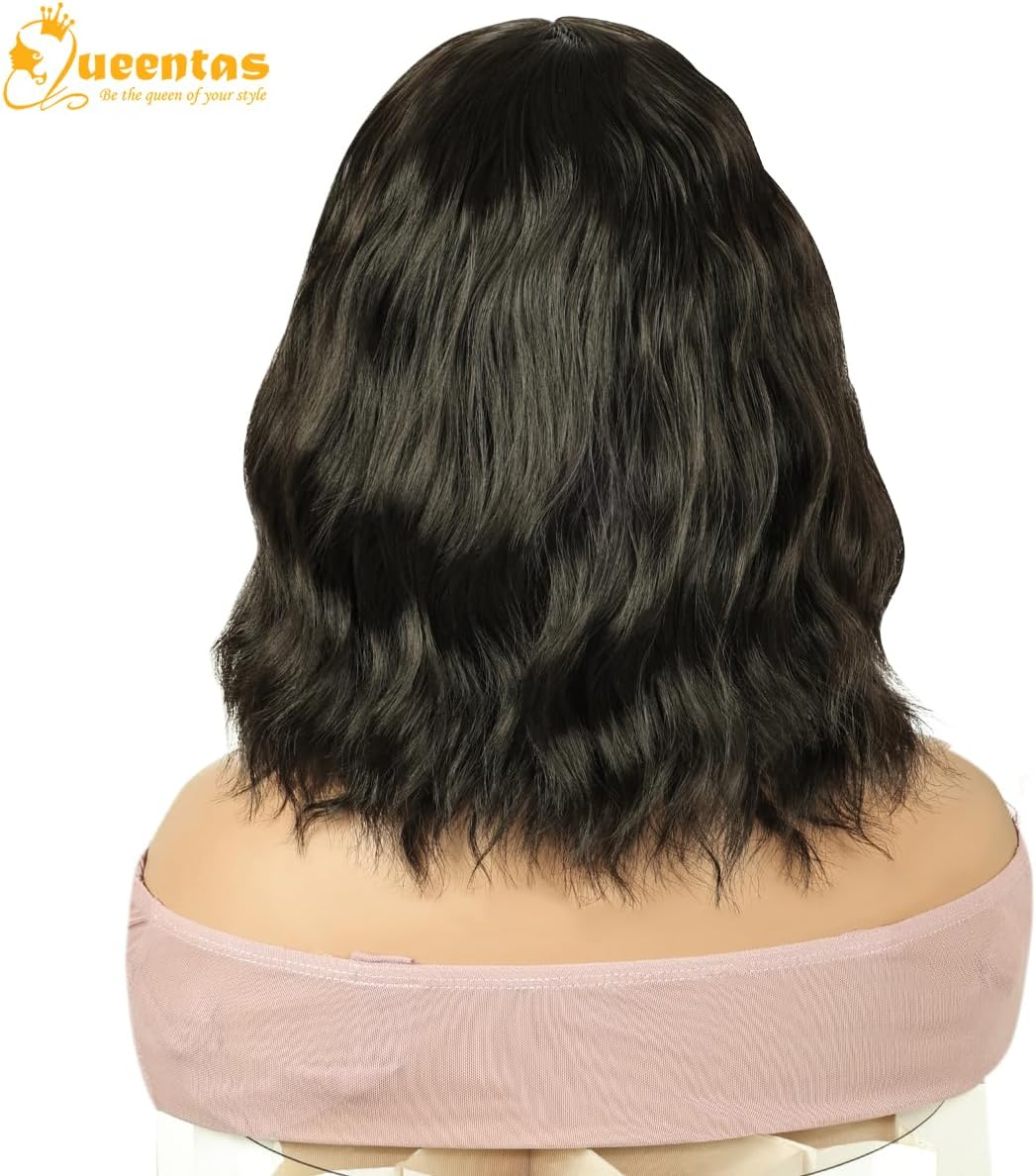 QUEENTAS Short Bob Black Brown Wigs for Women Shoulder Length with Bangs Wavy Wig Synthetic Hair Wig image number 4