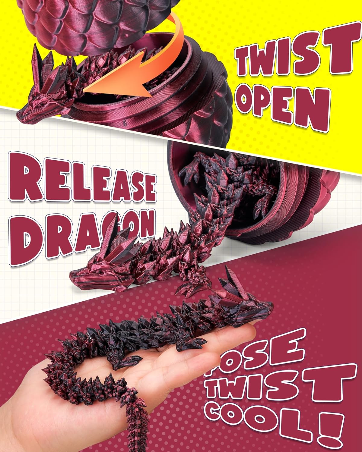 3D Printed Dragon Egg with Articulated Dragon inside - Adult Fidget Toys for Autism ADHD (Black Red) - 4Pcs-B image number 2