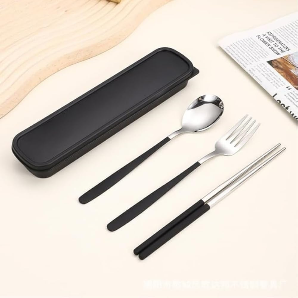 Jindizi 2 Set Portable Cutlery Set with Case Include Fork Spoon Chopsticks, Portable Travel Utensil Set, Reusable Stainless Steel Camping Utensils Set, Lunch Cutlery Set for Work School (Silver+Black) image number 4