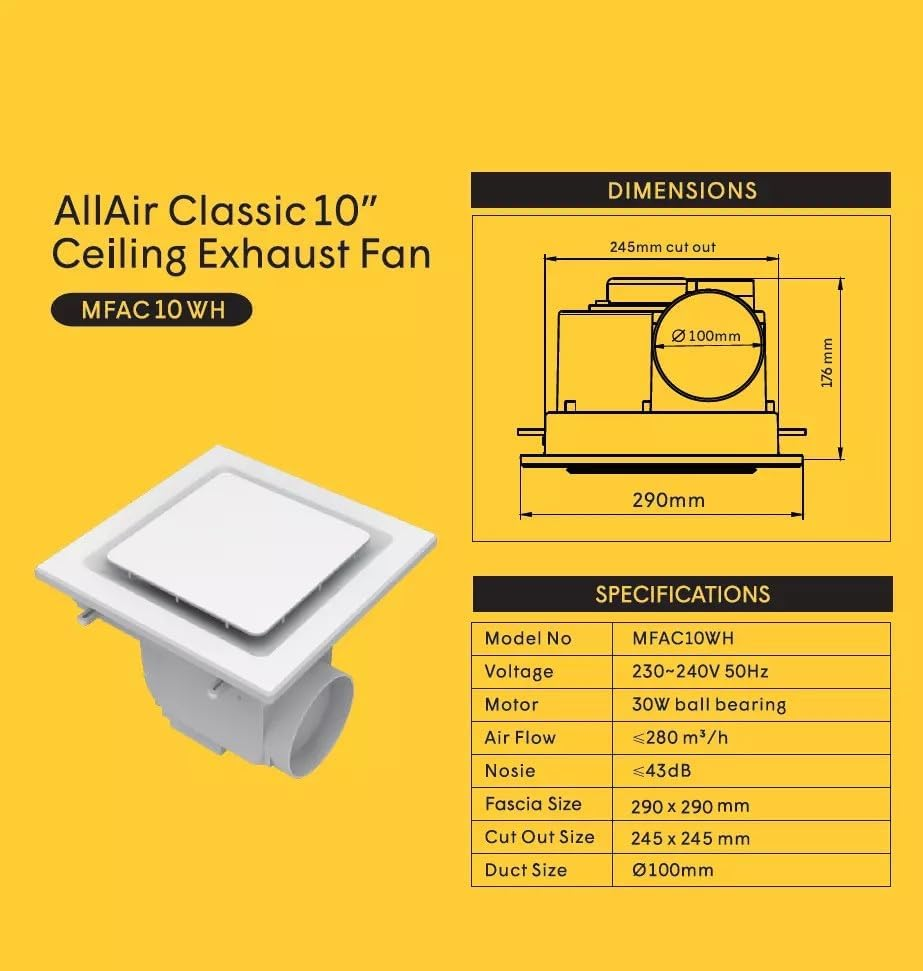 Modura Allair Classic 10" 250Mm Square Ceiling Mount Duct Exhaust Fan Bathroom