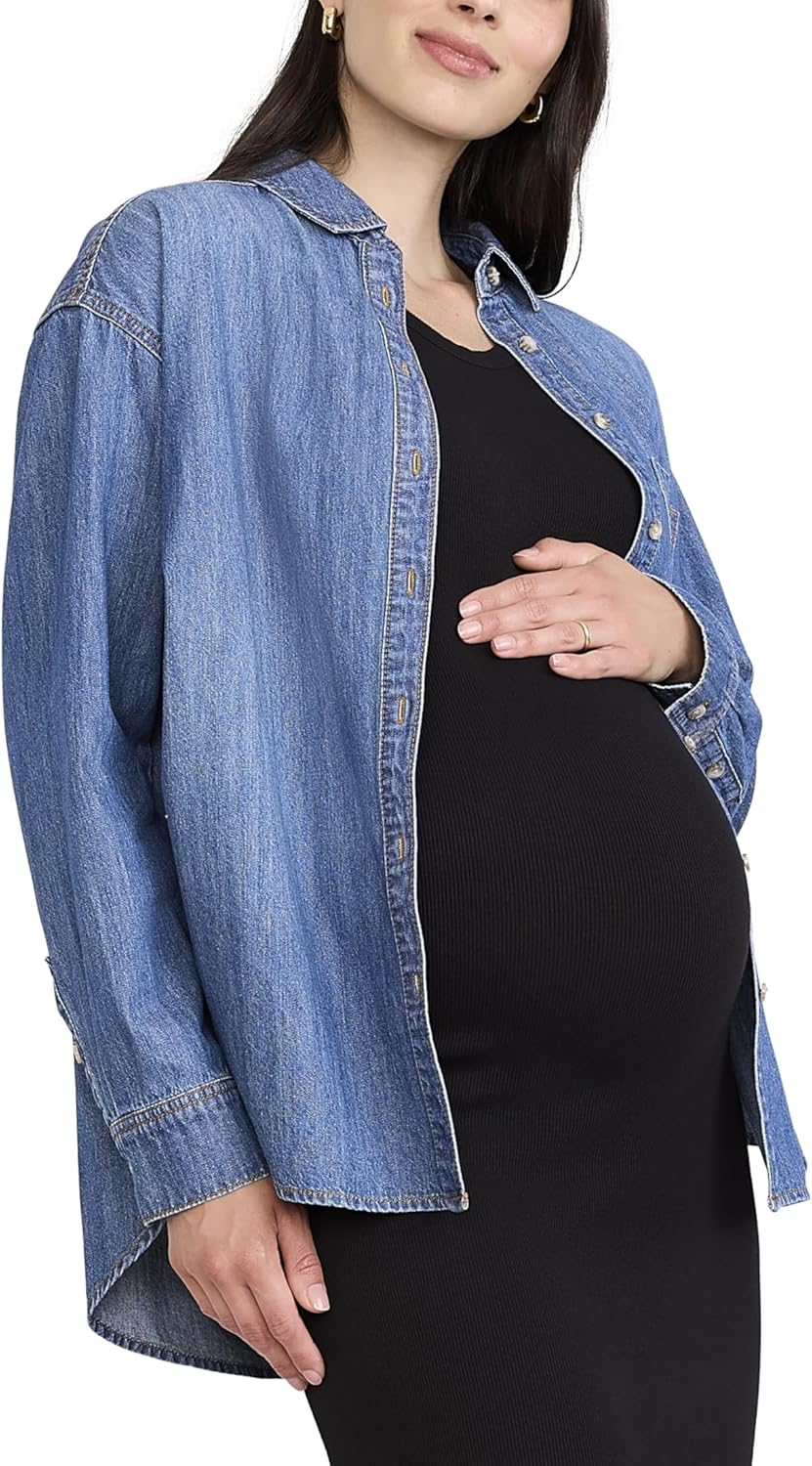 Motherhood Maternity Women'S Denim Shacket Long Sleeve Button down Pregnancy Shirt image number 3