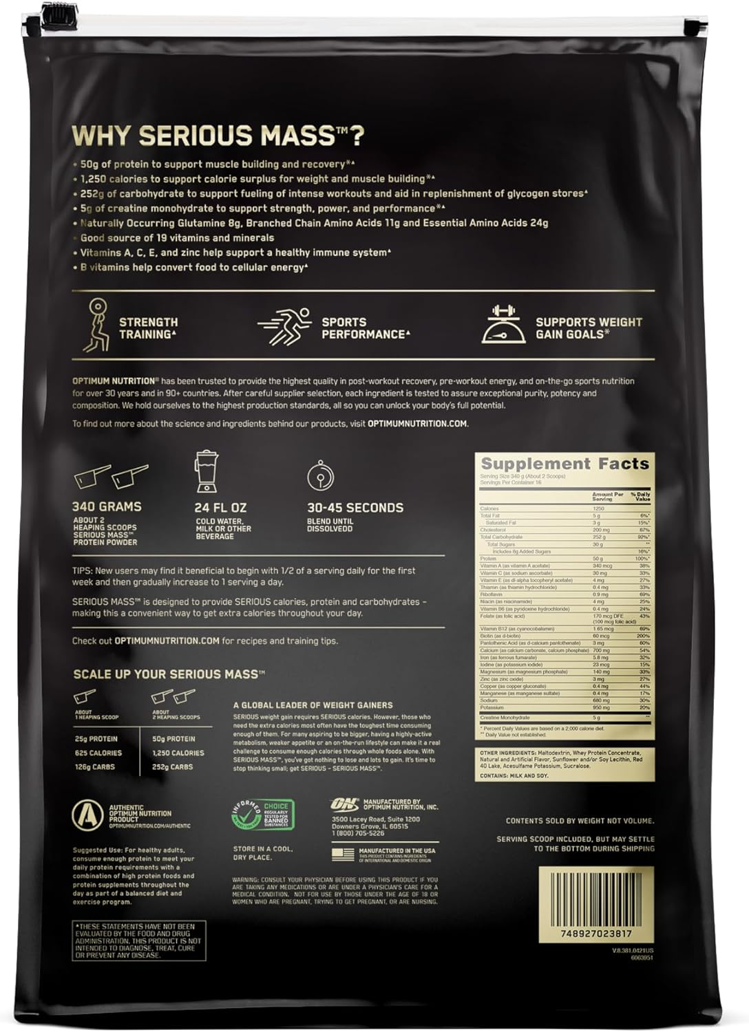 Optimum Nutrition Serious Mass Gainer Protein Powder, Strawberry, 12 Pound image number 1