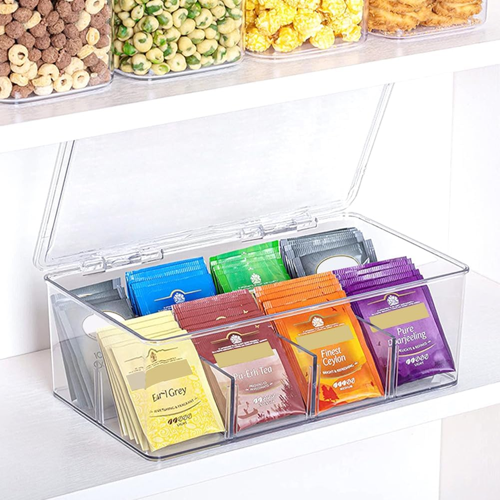 2 Pack Stackable Tea Bag Organizer, 8 Sections Clear Plastic Storage Bin for Coffee Pods, Sugar Packets and Condiments, Space-Saving Kitchen Cabinet and Countertop image number 1