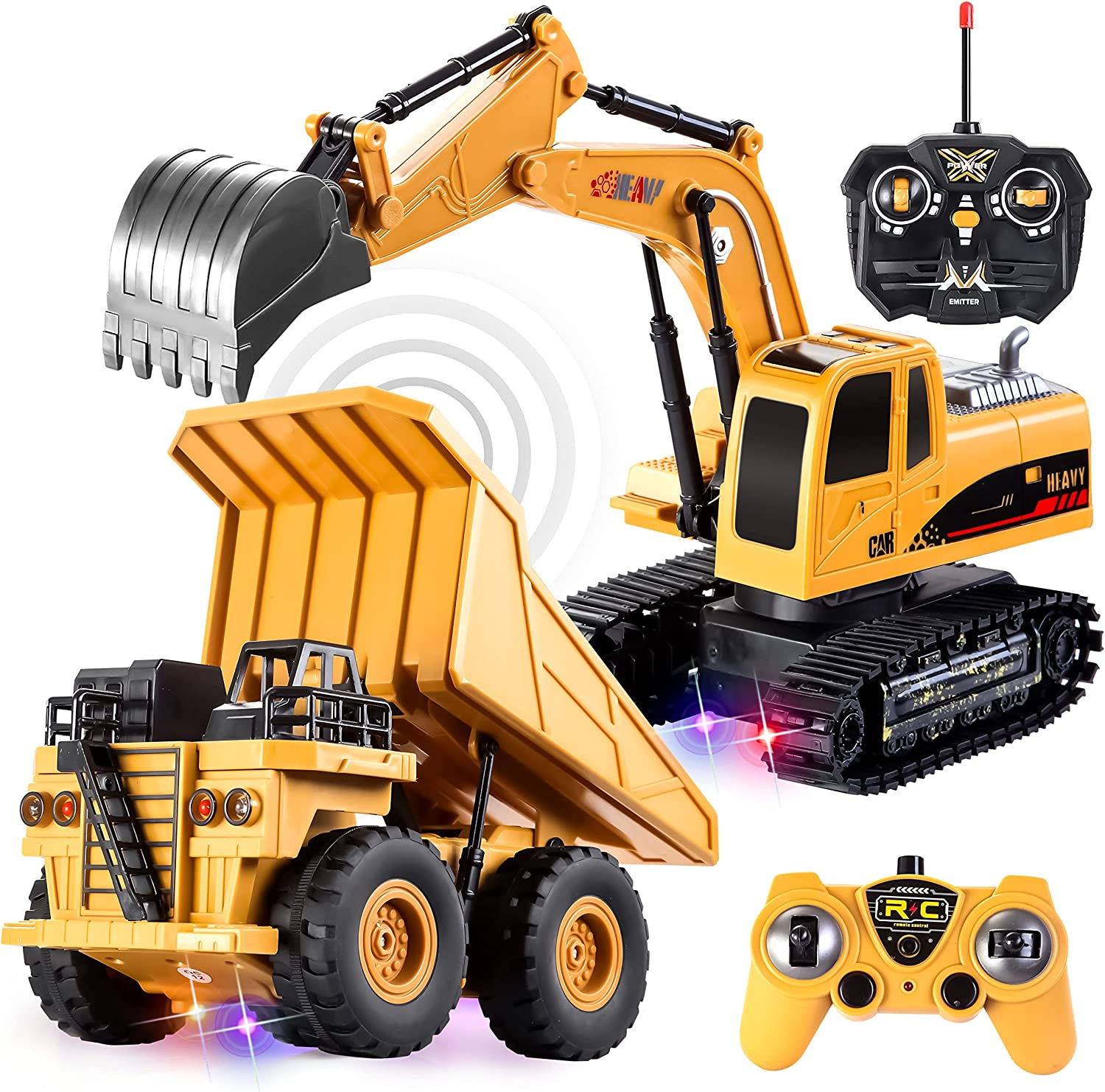 JOYIN 2 PCS Remote Control Construction Vehicle Toy Set, Friction-Powered RC Excavator & Dump Truck with Lights and Sounds for Imaginative Play, Birthday Gifts for Toddlers Boys Girls