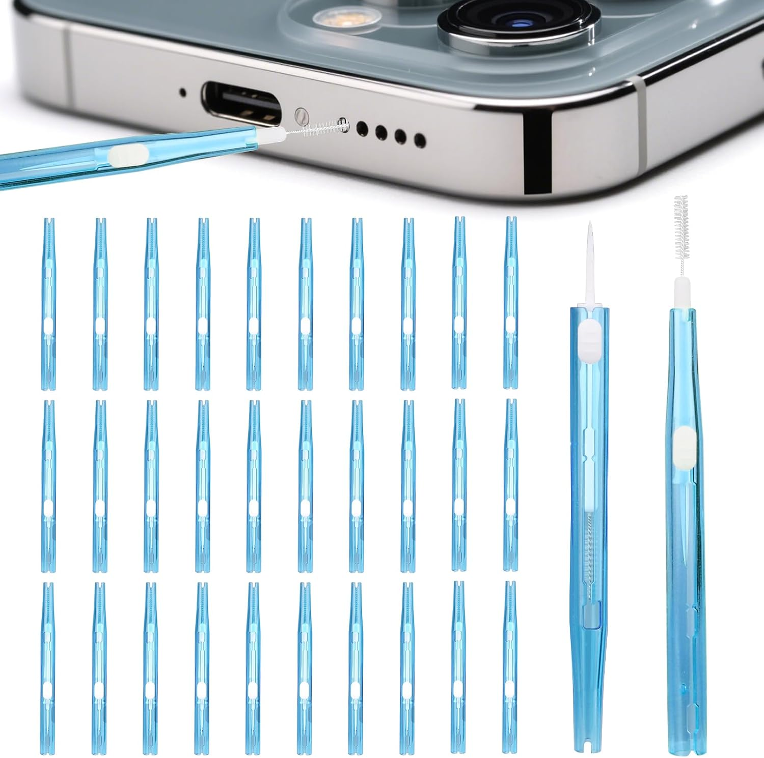 30Pcs Phone Cleaning Brushes, Bristles & Hook Double-Sided Mini Cleaning Brush Kit Anti-Clogging Charging Port USB C Cleaner for Most Mobile Phone (Purple)