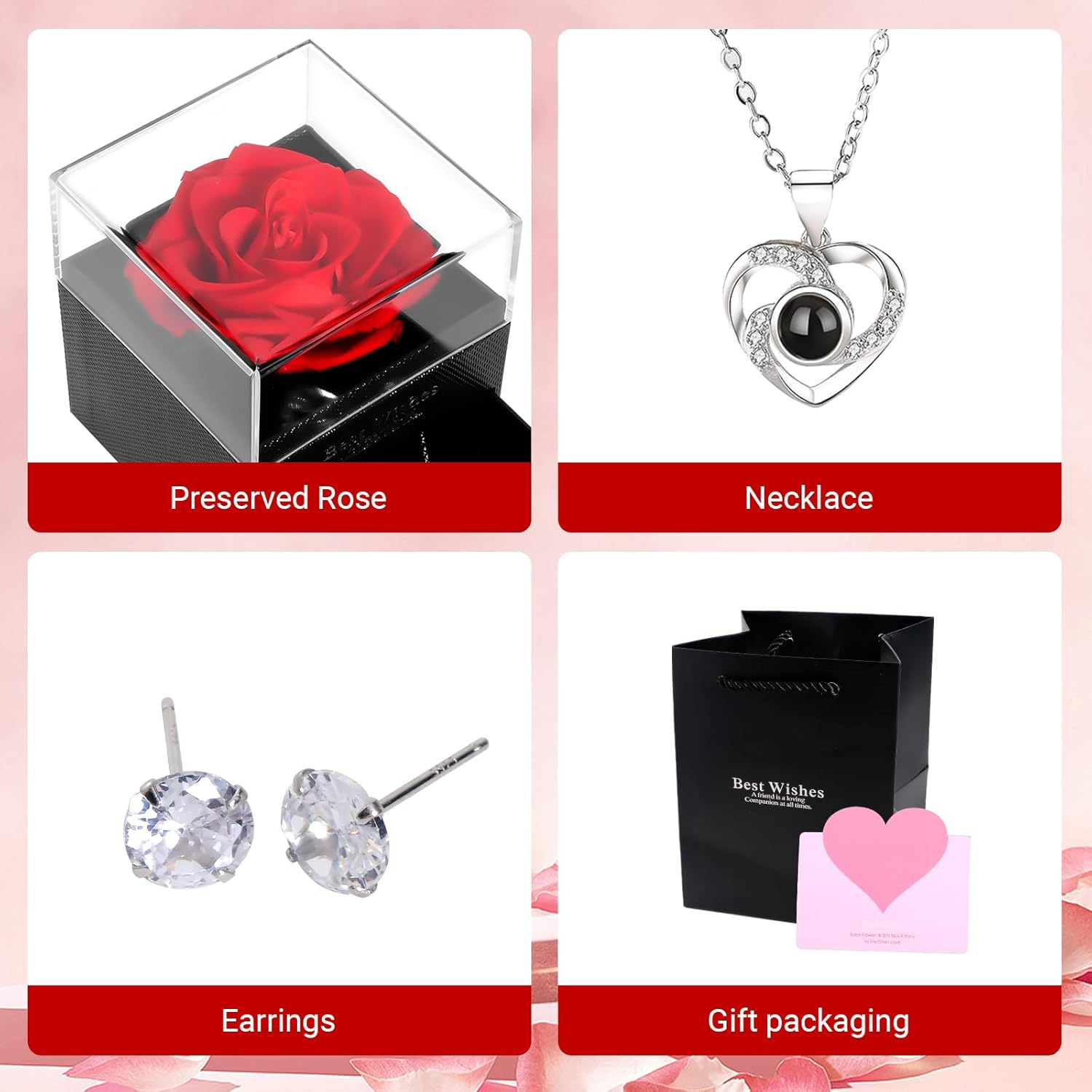 LIAN Preserved Rose Gift Box with Necklace and 925 Sterling Silver Earrings Eternal Rose Birthday Women Wife Mum Girlfriend Valentine&rsquo;S Day Anniversary Mother&rsquo;S Day image number 4