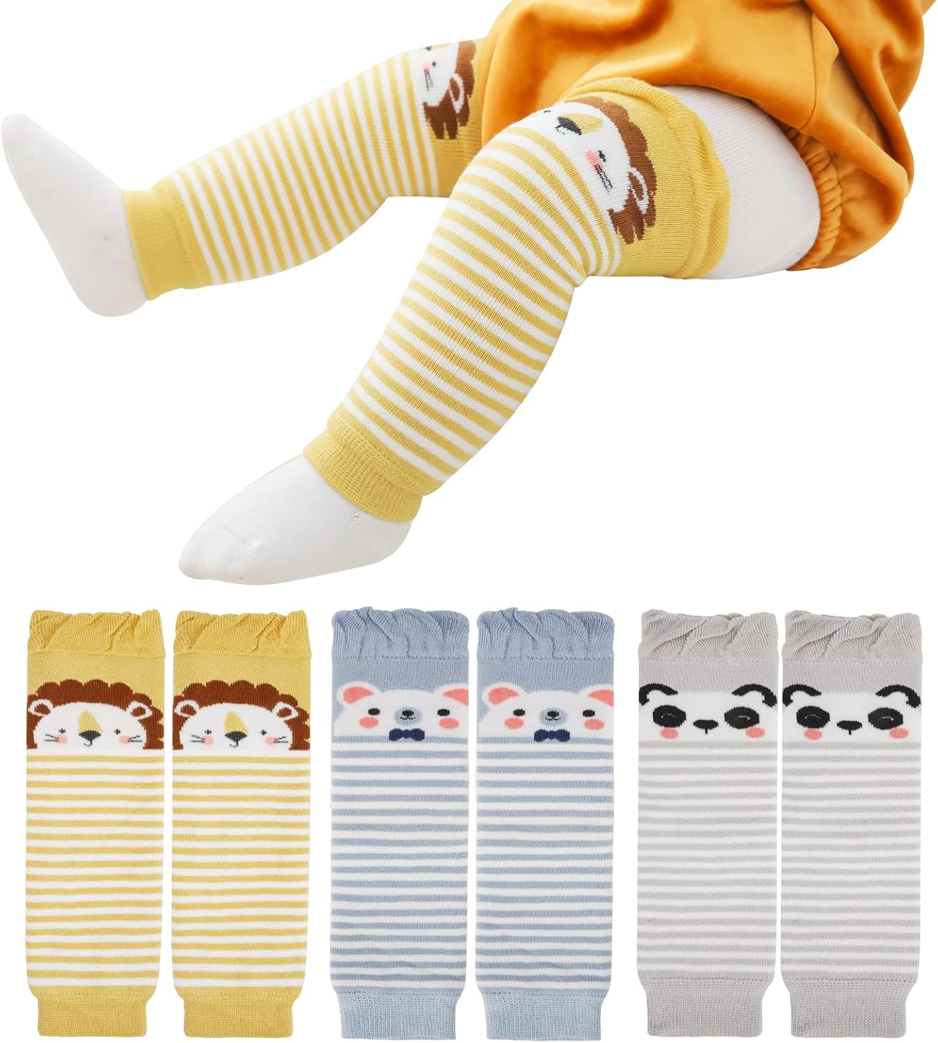 XEPST Pack of 3 Toddler Baby Leg Warmers, Cute Animal Pattern Leg Warmers, Knee Socks, Baby Knee Pads, Leg Sleeves Leggings for Baby Children, Toddlers, Girls, Boys, 0-3 Years, One Size
