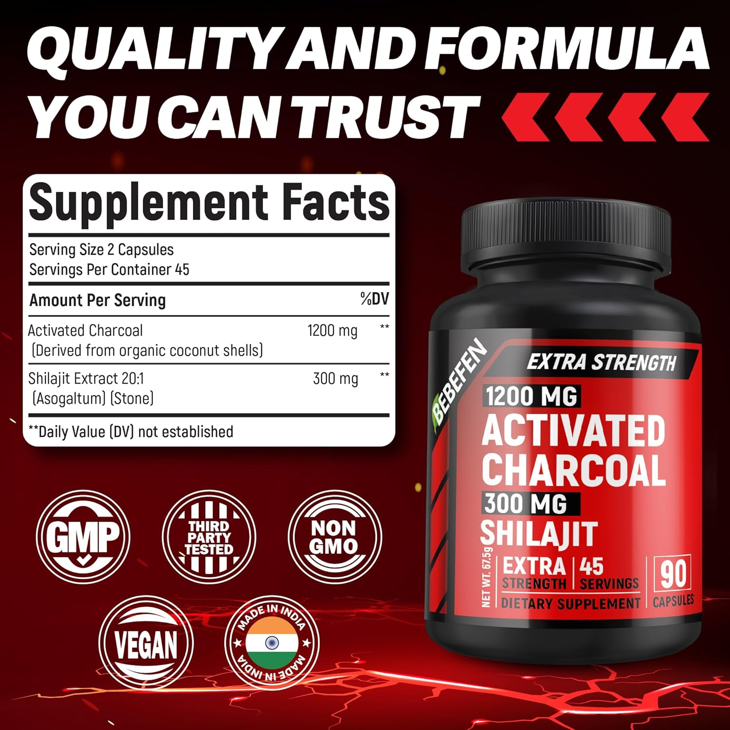 Activated Charcoal 1,200Mg per Serving by BEBEFEN | Enhanced with Shilajit 300Mg | Activated Charcoal Capsules | Derived from Coconut Shells | Non-Gmo | Gluten Free | 90 Count