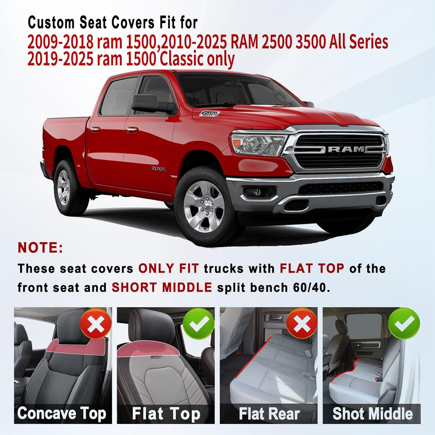 Huidasource Dodge Ram Seat Covers, Front & Rear Pickup Truck Leather Seat Cover Fit for 2009-2018 1500, 2010-2023 2500/3500 Crew Mega Cab, 2019-2023 Ram 1500 Classic Only(Full Set/Black&Red) image number 4