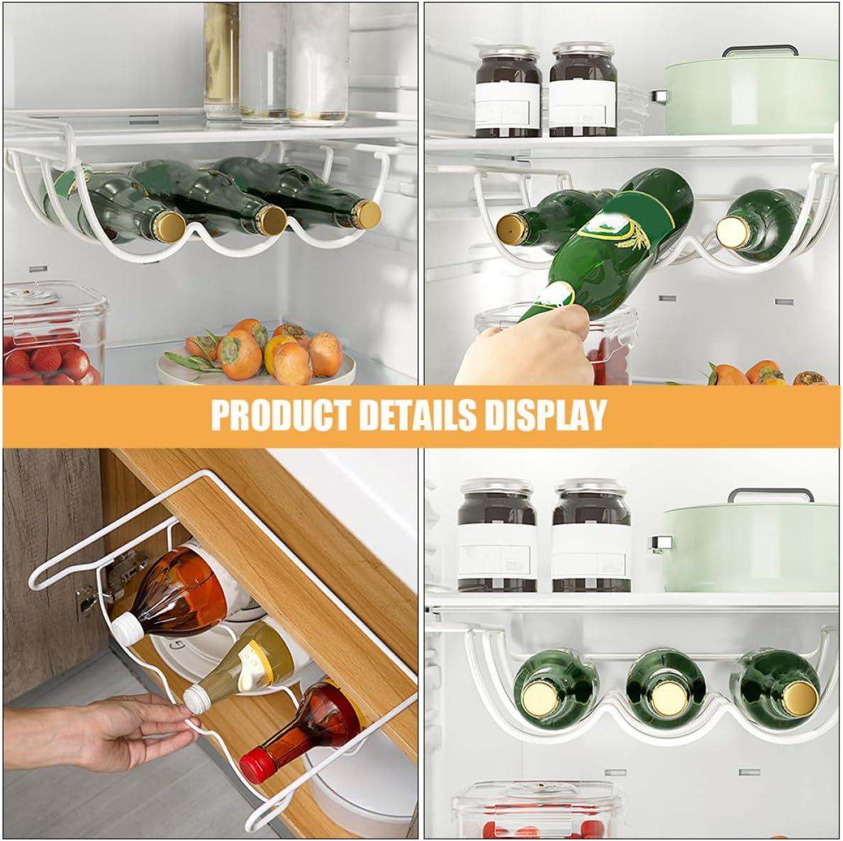 COLLBATH White Metal Beer Storage Rack Fridge Organizer under Shelf Bottle Holder Space-Saving Kitchen Refrigerator Wine and Water Bottle Organizer for Home image number 4