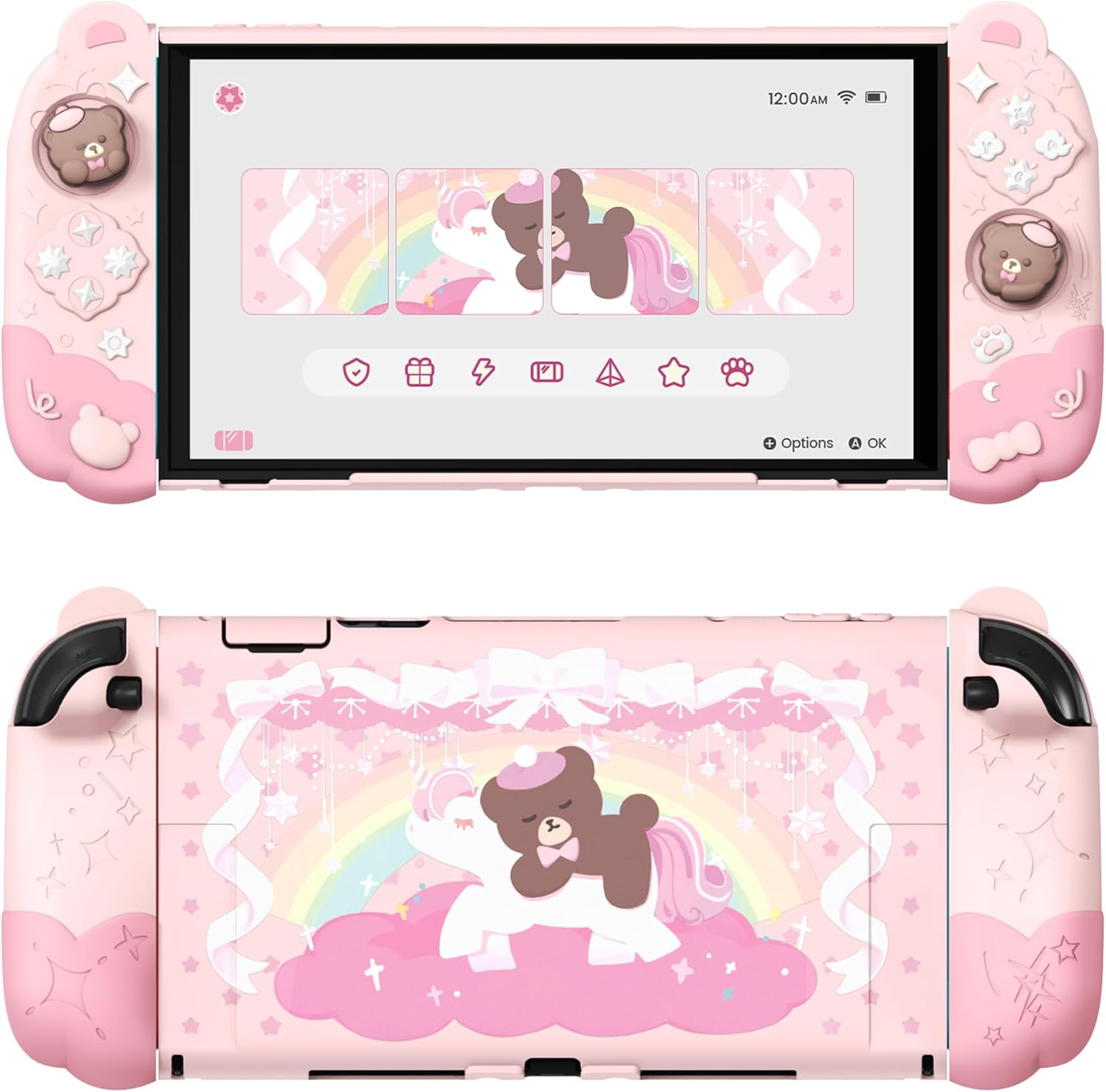 Playvital Good Night Bear Dockable Protective Case for Nintendo Switch 2 - Detachable Silicone Joycon Grips & Shockproof Back Cover with Cute Bear Thumbs Caps | Pink