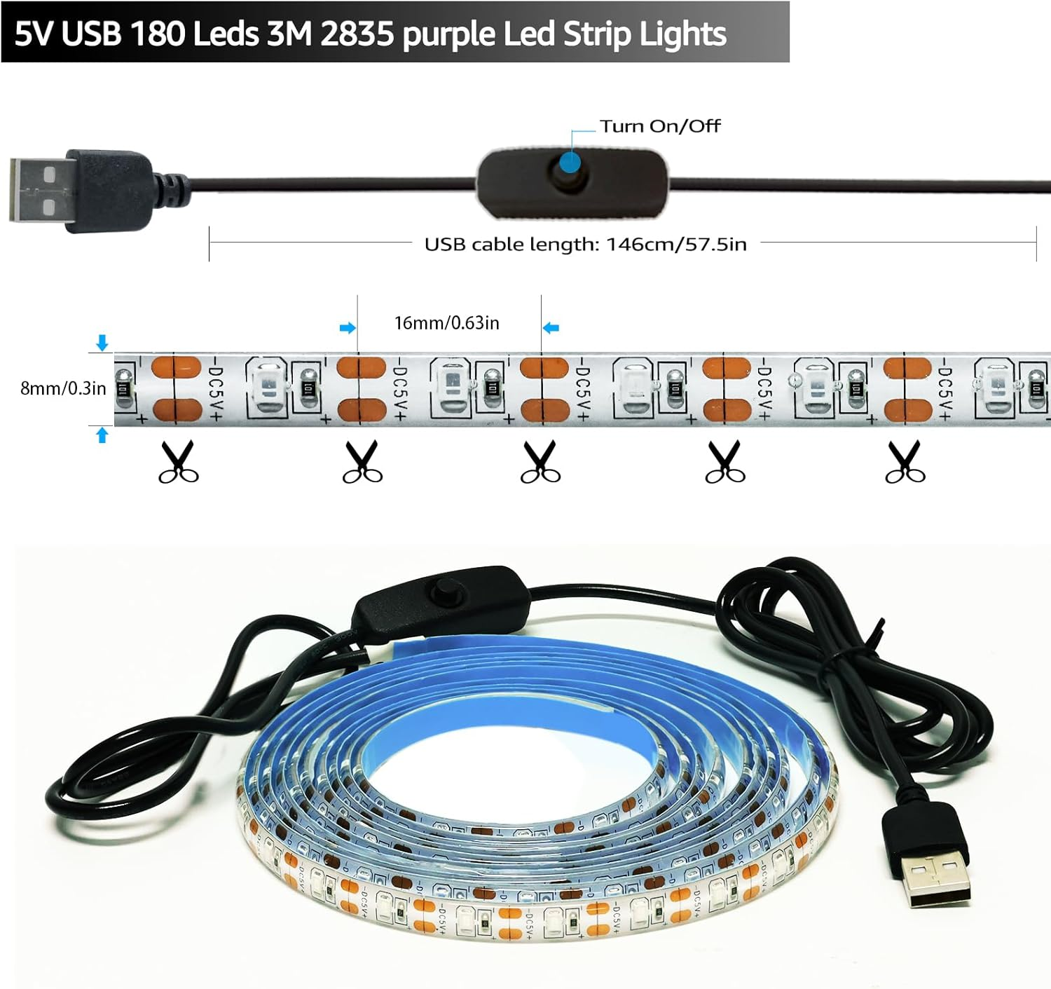 Tesfish UV LED Strip, 5V USB 3M Black Light Ribbon with Switch SMD 2835 395Nm-405Nm IP65 Waterproof Total 180 Leds Strip Light for Bar, Halloween Party, Club, Decoration - 5 V Usb image number 5