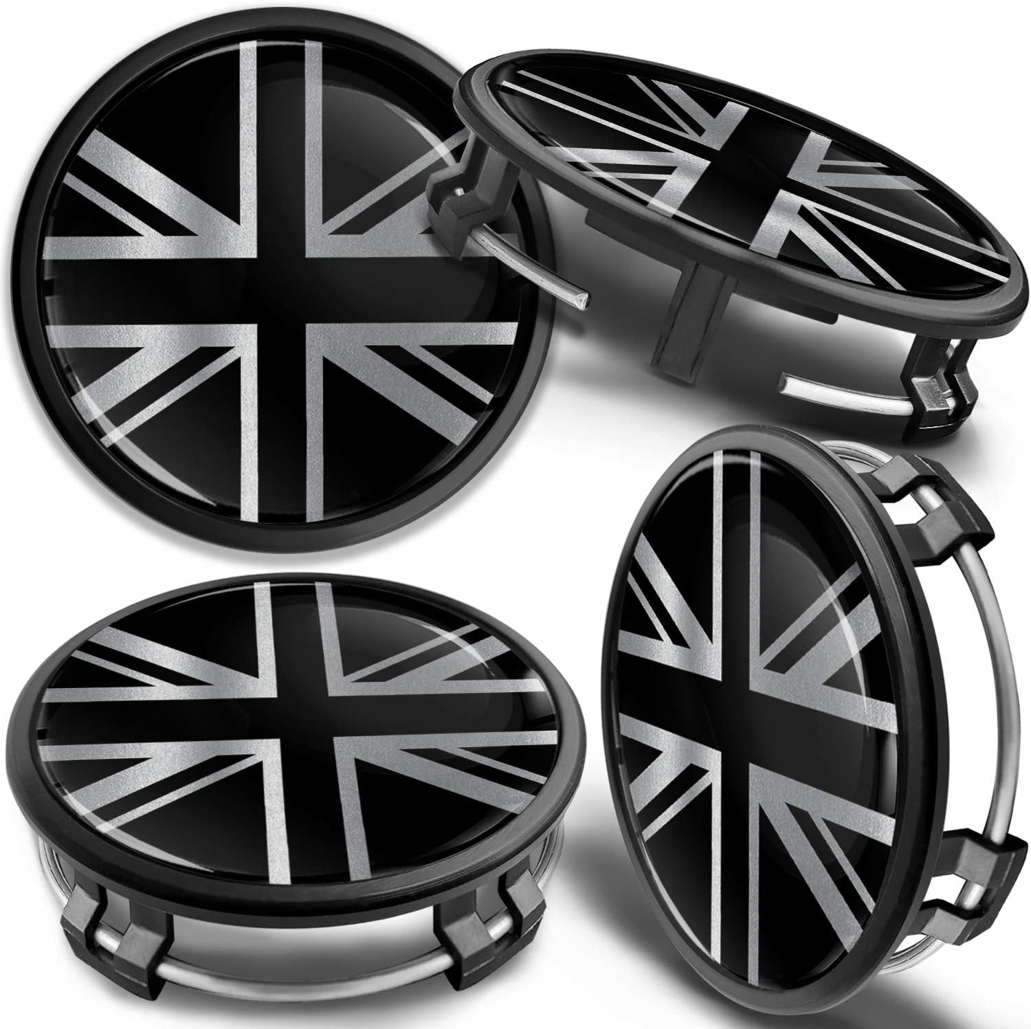 Skinoeu 4 X 75Mm Wheel Centre Alloy Hub Center Caps Compatible with B66470207 / B66470200 Hubcaps Car Tuning Black Silver UK Union Jack Flag Cm 29 image number 2