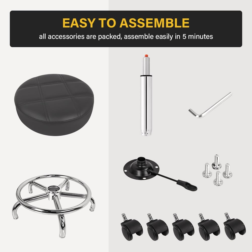 WKWKER PU Leather round Rolling Stool Swivel Height Adjustment Home Office Stool Drafting Lab Kitchen Massage Stools with Wheels Office Chair (Gray) image number 5