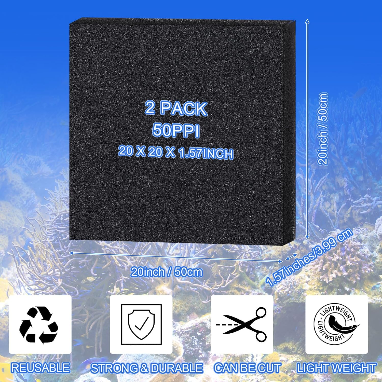 Glooglitter 2 Pcs Aquarium Filter Foam Sponges Filter Media Pad 19.69 X 19.69 X 1.57 Inches Black Fish Tank Sponge Filter for Aquarium Aquatic Pet (50PPI)