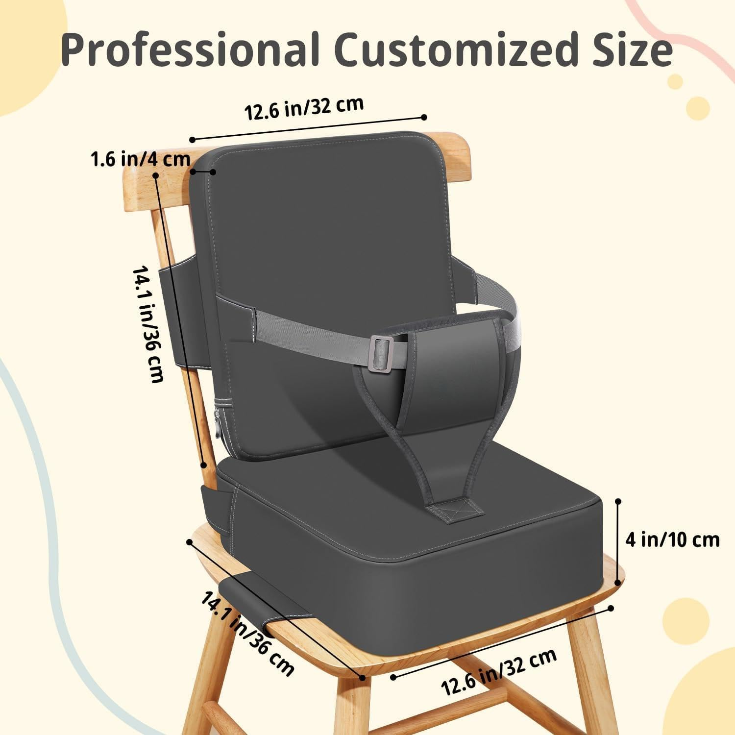 Toddler Booster Seat for Kitchen Chair, 2-In-1 Dining Table Booster Seat with Backrest & Adjustable Straps &ndash; Easy-Clean, PU Portable Toddler Eating Travel Increasing Cushion - Dark Grey - Light Khaki image number 3