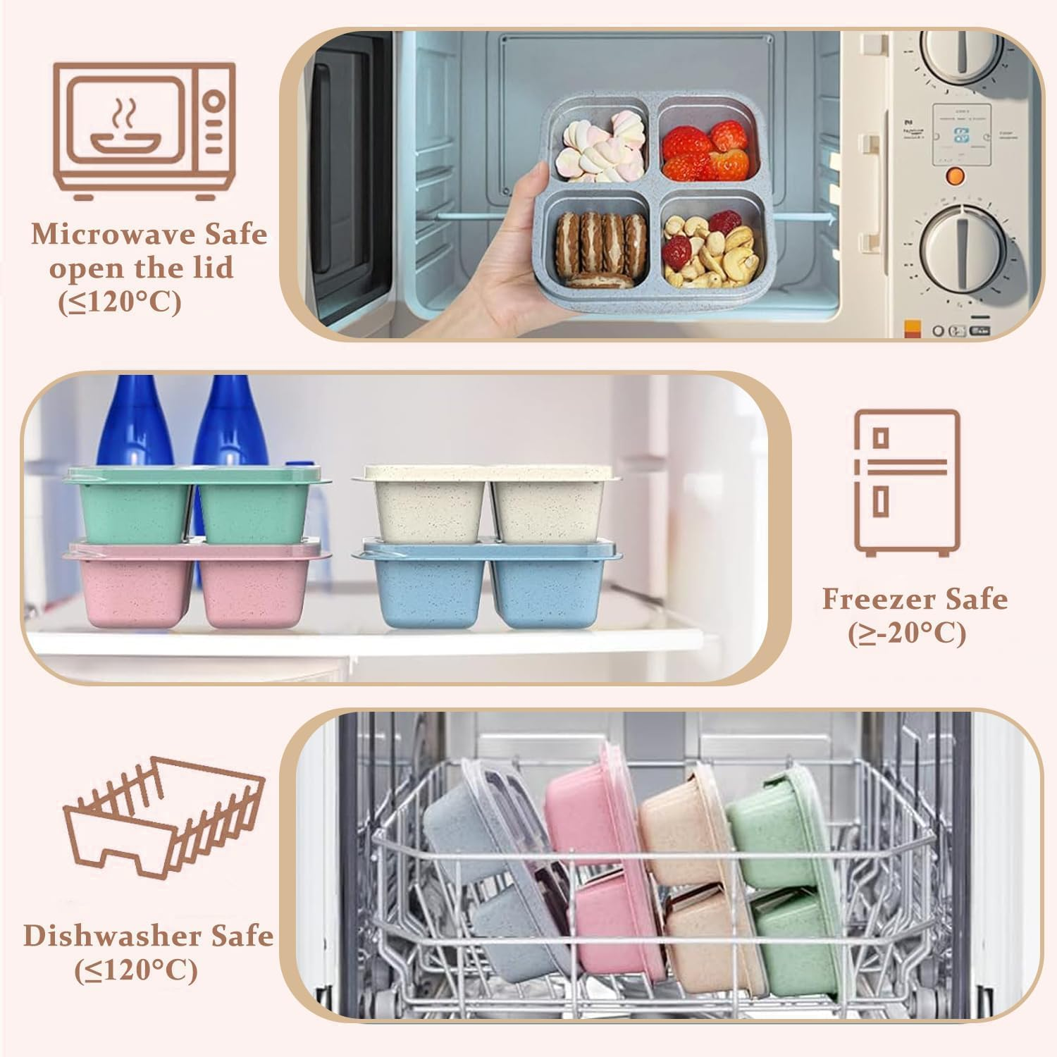 6Pack Lunch Box Divided Containers, 4 Compartment Bento Snack Boxes, Reusable Divided Lunch Box Containers for Adults, Kids, Toddlers, Travel, Work, School image number 5