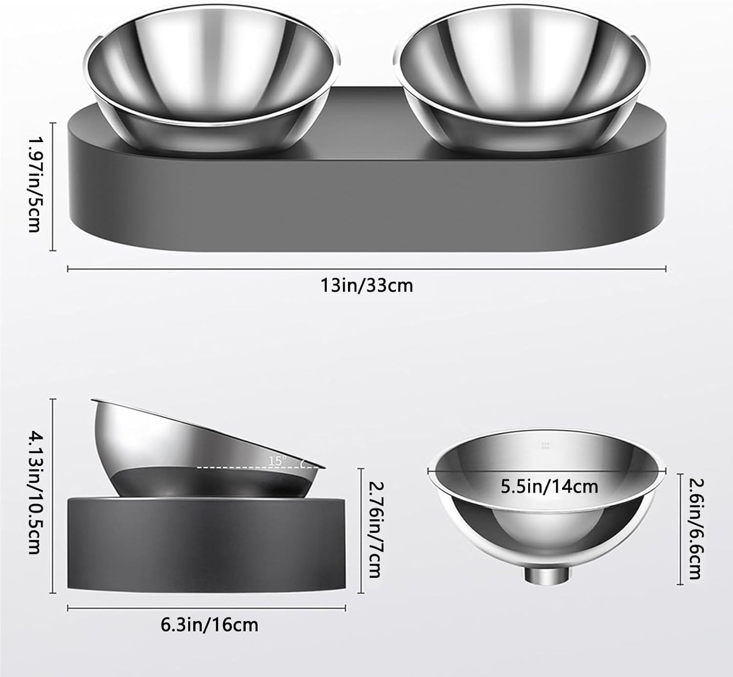 Raised Dog Cat Food Bowl 304 Stainless Steel, PRENDIEEN Elevated Pet Food and Water Bowl Dishes, Elevated Cat Bowls, Non-Slip Tilted Cat Bowl No Spill