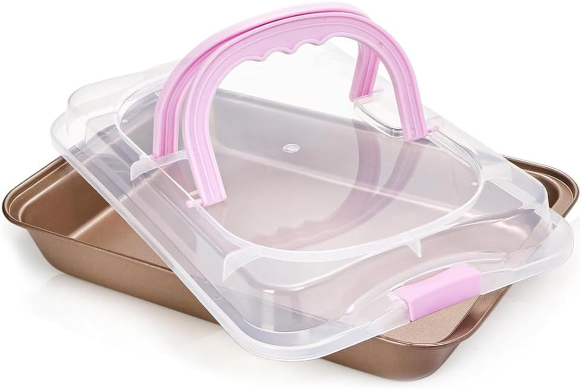 Cake Pan with Lid, Metal Baking Pan and Transparent Plastic Lid, Rectangular Cake Pan Holder with Handle for Easy Carrying, Suitable for Outdoor Dinners, Parties, Home Kitchens, Bakery Baking image number 3