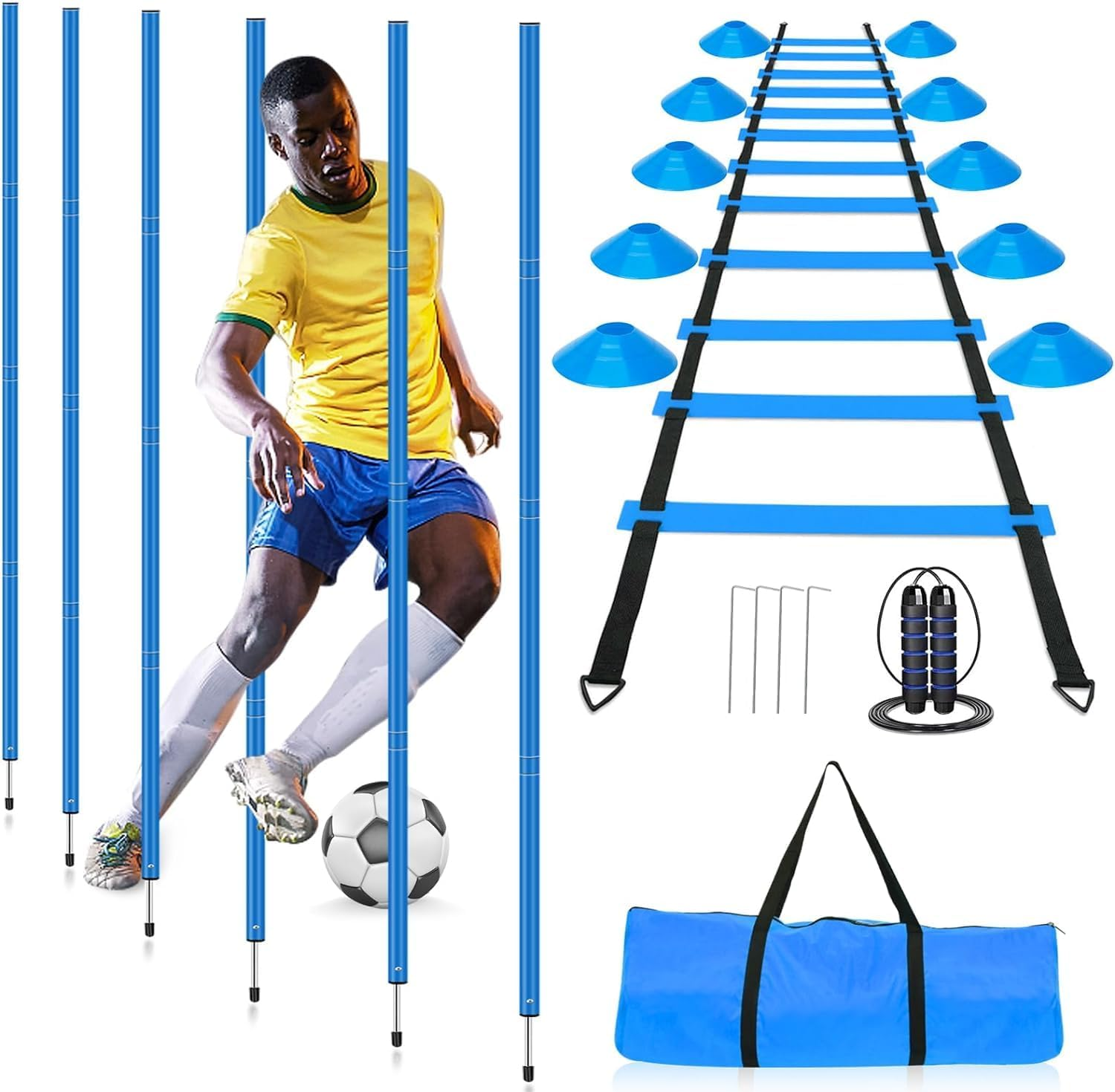 YGORTECH Soccer Agility Training Slalom Poles Set - Includes Poles(Set of 6) Drills,Agility Ladder, 10 Soccer Cones,Jump Rope for Speed Training, Football Training, Basketball&Fitness image number 2