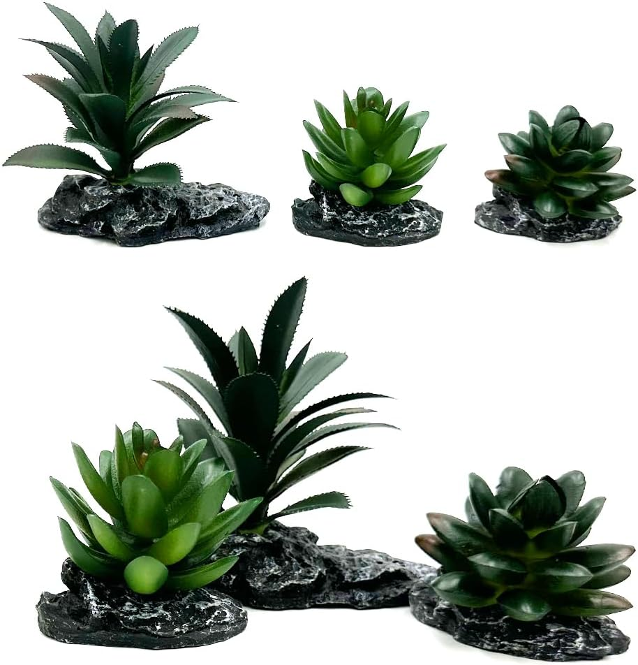 Reptile Artificial Plants Succulent Terrarium Decor Desert Rain Forests Plant Lizard Bearded Dragon Chameleon Gecko Snake Amphibian Habitat Hideout Turtle Tank Accessories (Dark-Green-3Pcs-Set) image number 3