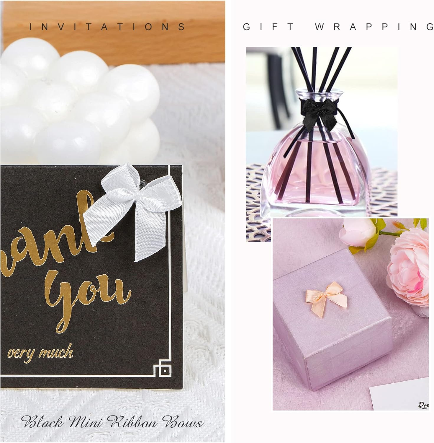 150 Pieces Mini Ribbon Bows for Crafts Black White Champagne Tiny Satin Bow for Gift Wrapping, Invitations, Christmas Tree - Black image number 6