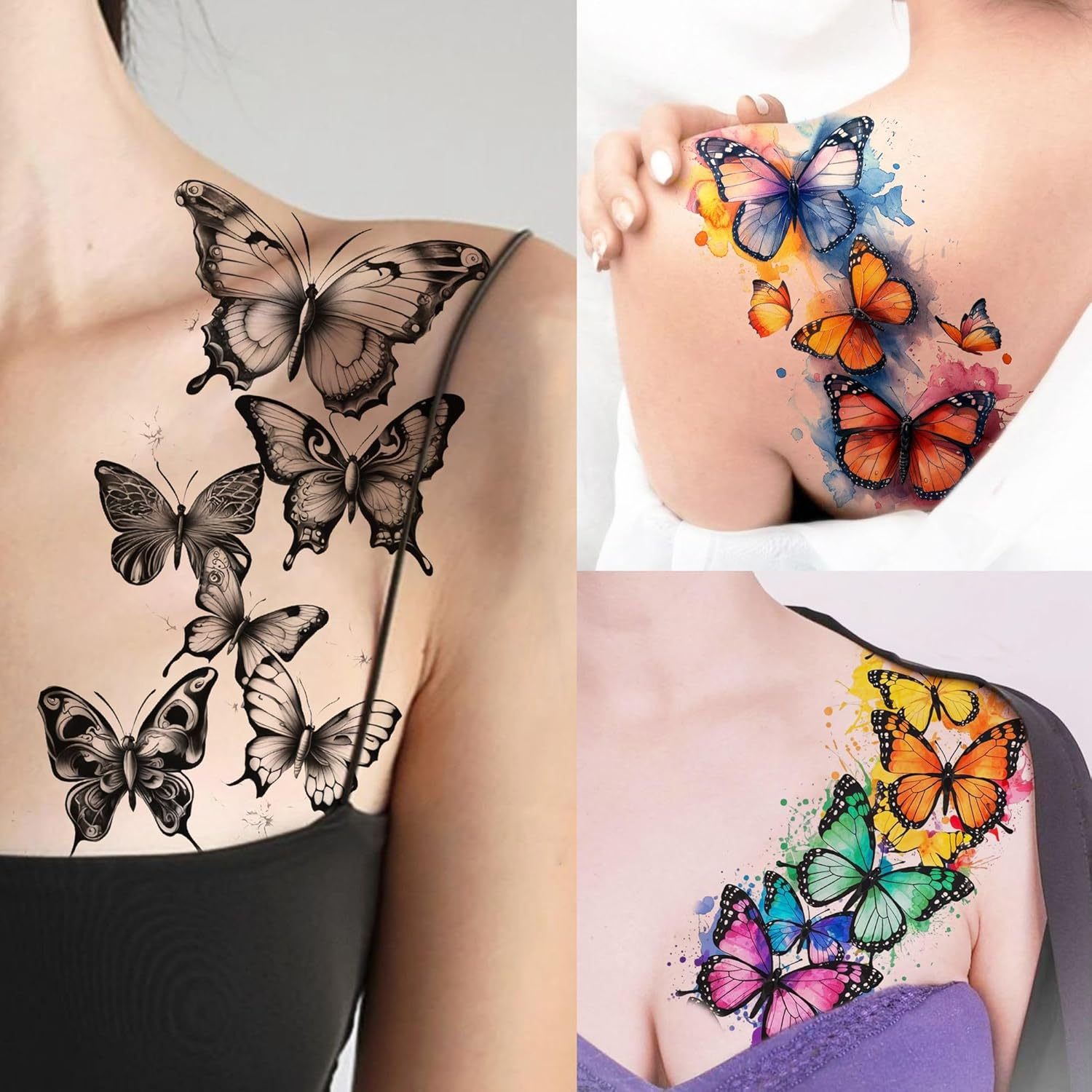 68 Sheets Realistic Butterfly Temporary Tattoos Women Girls Adhesive Tattoos Adults Colourful Half Sleeve 3D Black Butterfly Fake Tattoos for Sticking on the Skin Festival Accessories image number 2