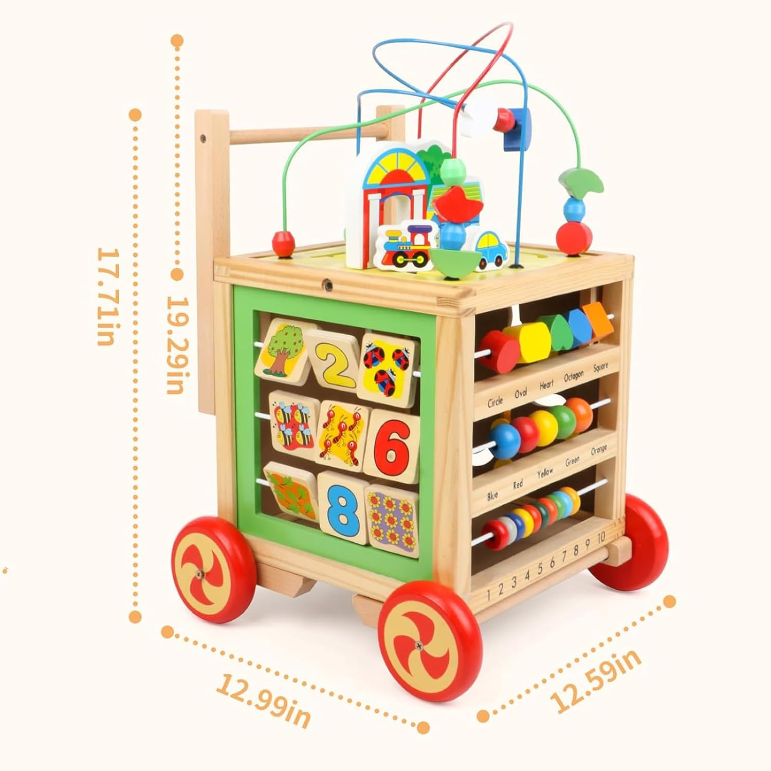 Wooden Activity Cube 6 in 1 Wooden Baby Walke Montessori Toys Educational Learning Sensory Toys for 1 Year Old Baby Toddler Kid Boy First Birthday Gift, Bead Maze Shape Sorter Abacus image number 1